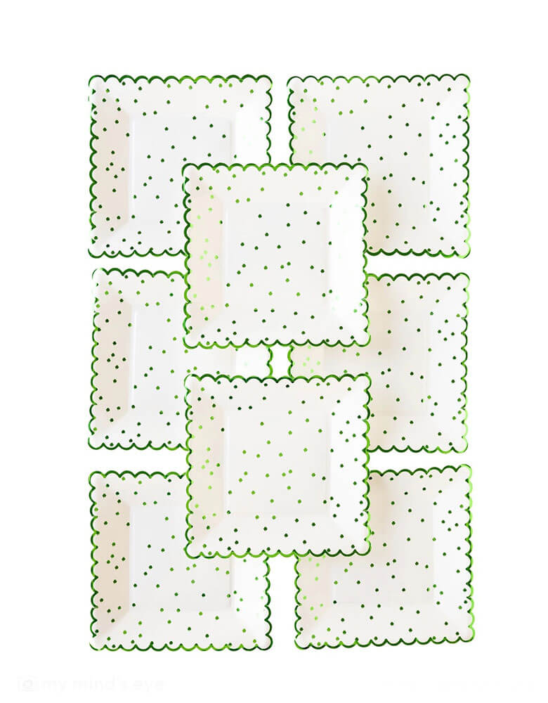 Momo Party's 8" x 8" Little Shamrocks Paper Plates by My Mind's Eye. Comes in a set of 8 plates, these green foil scallop edged plates with little shamrock pattern on them are perfect for a festive and stylish St. Patrick's Day party celebration.
