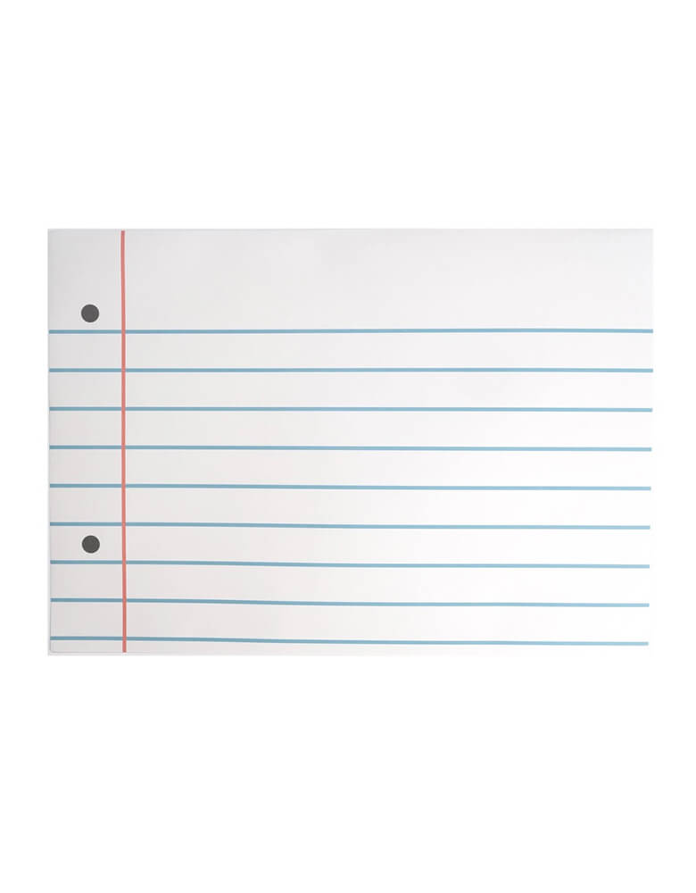 Momo Party's 12" x 17" Loose Leaf Paper Placemats by Gatherings. Comes in a set of 12 placemats, Perfect for a back-to-school celebration or a first day of school breakfast at home, this instant party essential is a must-have for any occasion. Unleash your creativity as you draw, doodle, or write your party guest names on these nostalgic placemats resembling classic loose-leaf notepad paper. Say goodbye to post-dinner cleanup worries - these placemats are recyclable, offering a convenient and eco-friendly.