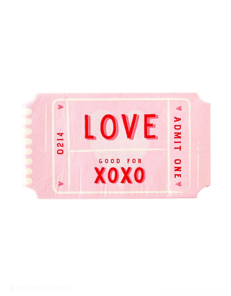 Momo Party's 4.25" x 7.75" love ticket shaped dinner napkins by My Mind's Eye. This adorable napkin is shaped like a ticket in pink color, perfect for your Valentine's Day get together. It's a great way to show your guests that you care!