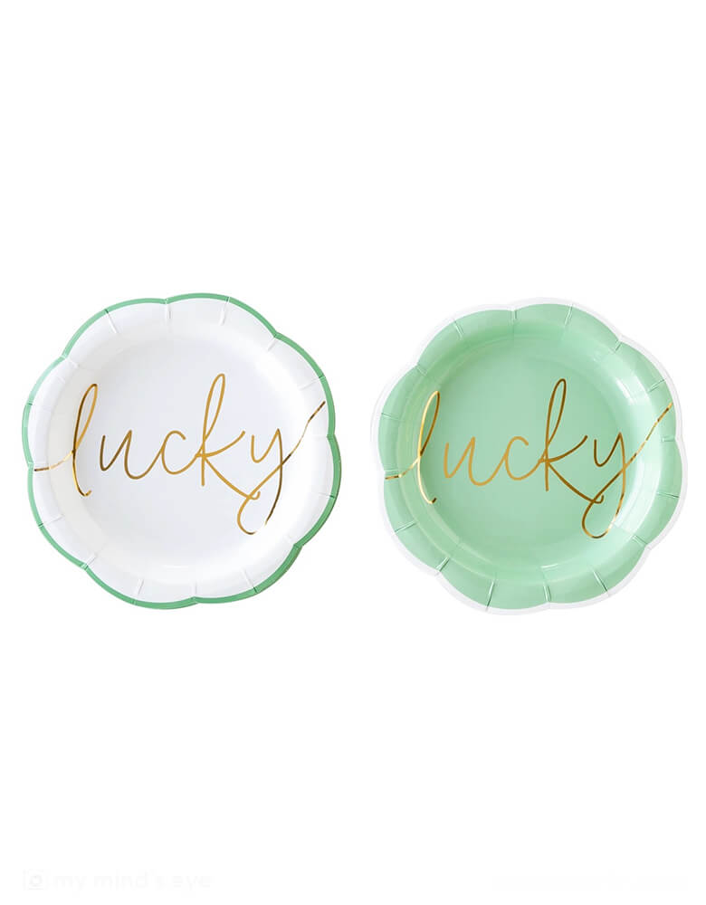 Momo Party's 8" Lucky Paper Plate Set by My Mind's Eye. Comes in a set of 8 plates in 2 designs/colors of white and pistachio green, these plates feature a script type of "lucky" in gold foil on them, making them perfect for a stylish and chic St. Patrick's Day celebratioon.