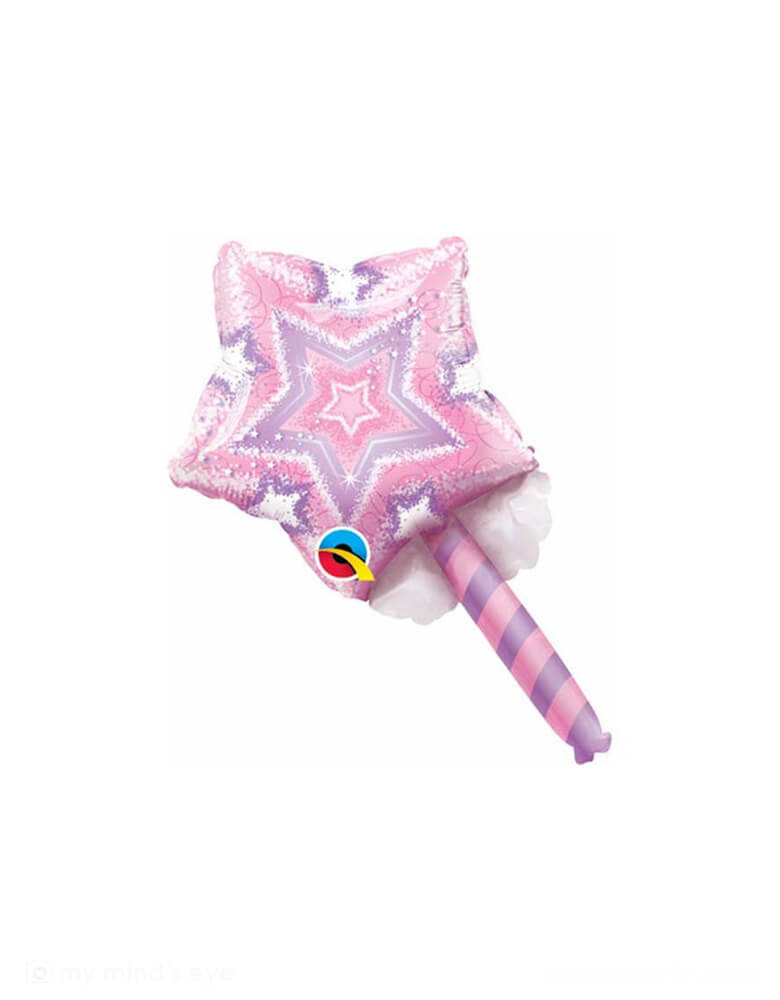 Momo Party's 14" Mini Magic Wand Shaped Foil Balloon by Qualatex Balloons. Add this mini magic wand shaped foil balloon to your magical celebration. It's perfect for girl's fairy or unicorn themed birthday party.