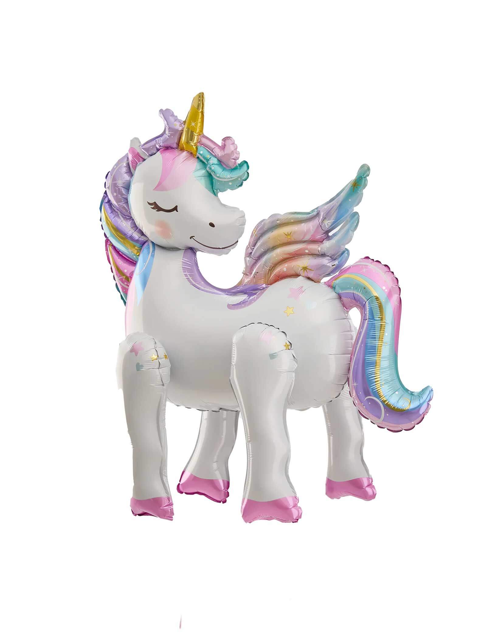 Momo Party's 26" x 24" Magical Unicorn Standing Foil Balloon. Comes with iridescent rainbow pastel colors, this 3D unicorn foil balloon will be a hit at your kid's unicorn themed birthday celebration!