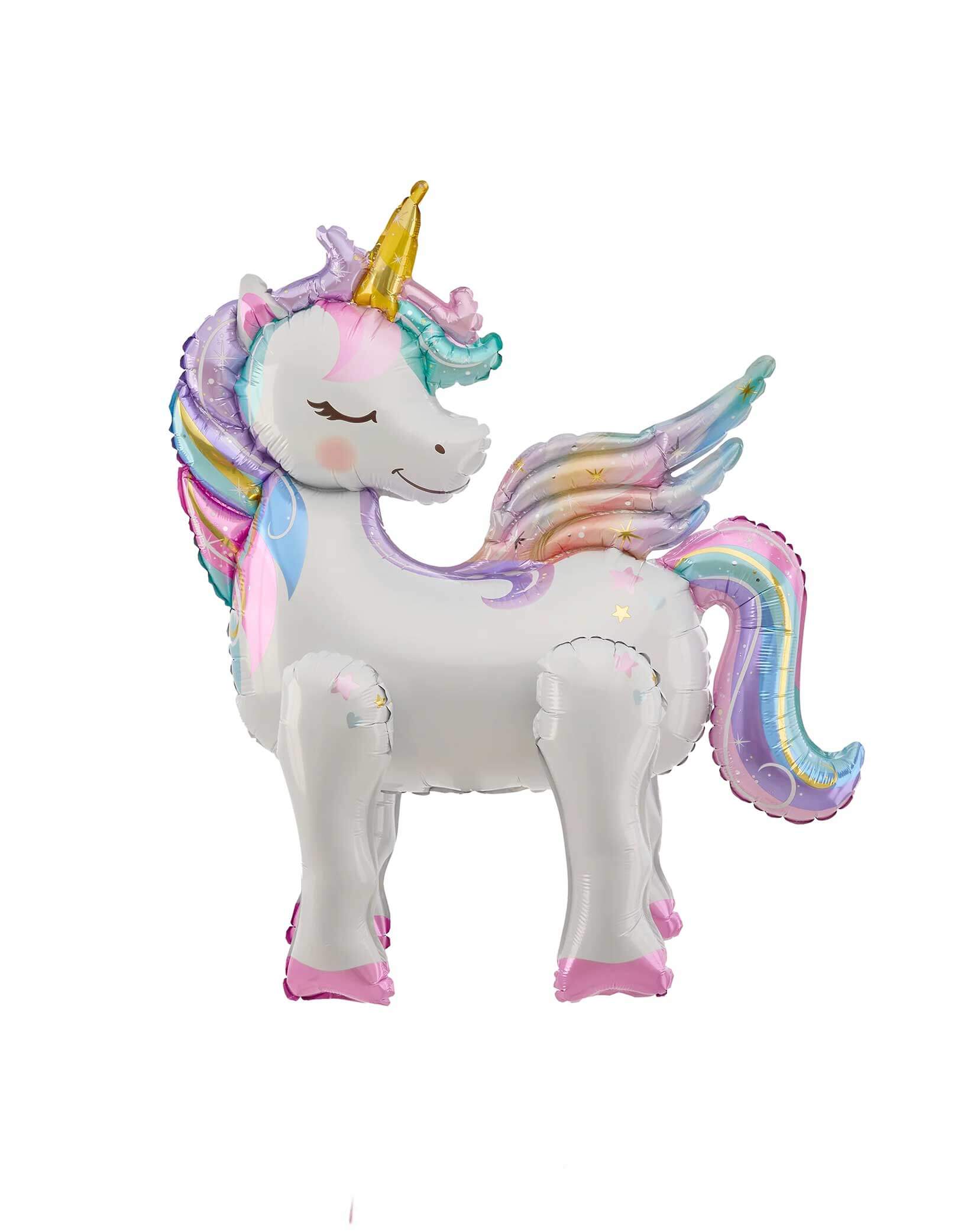 Momo Party's 26" x 24" Magical Unicorn Standing Foil Balloon. Comes with iridescent rainbow pastel colors, this 3D unicorn foil balloon will be a hit at your kid's unicorn themed birthday celebration!