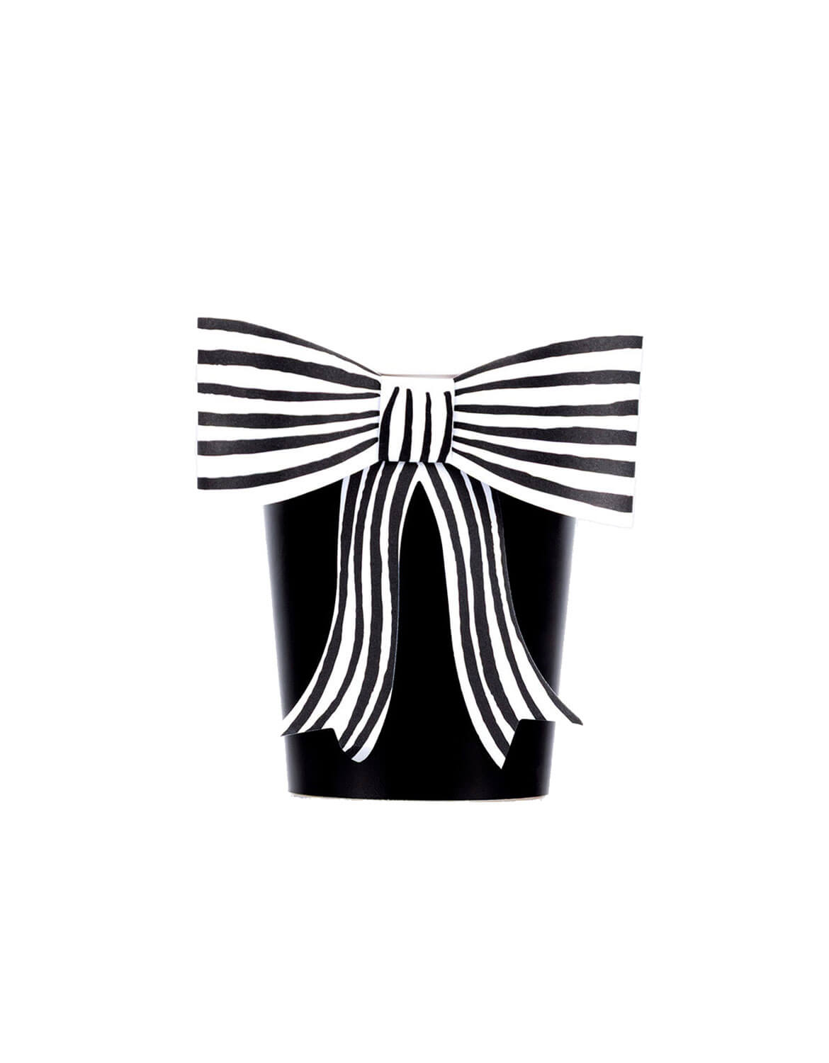 Momo Party's 9oz Black and White Stripy Bow Cup by Meri Meri against a white background.