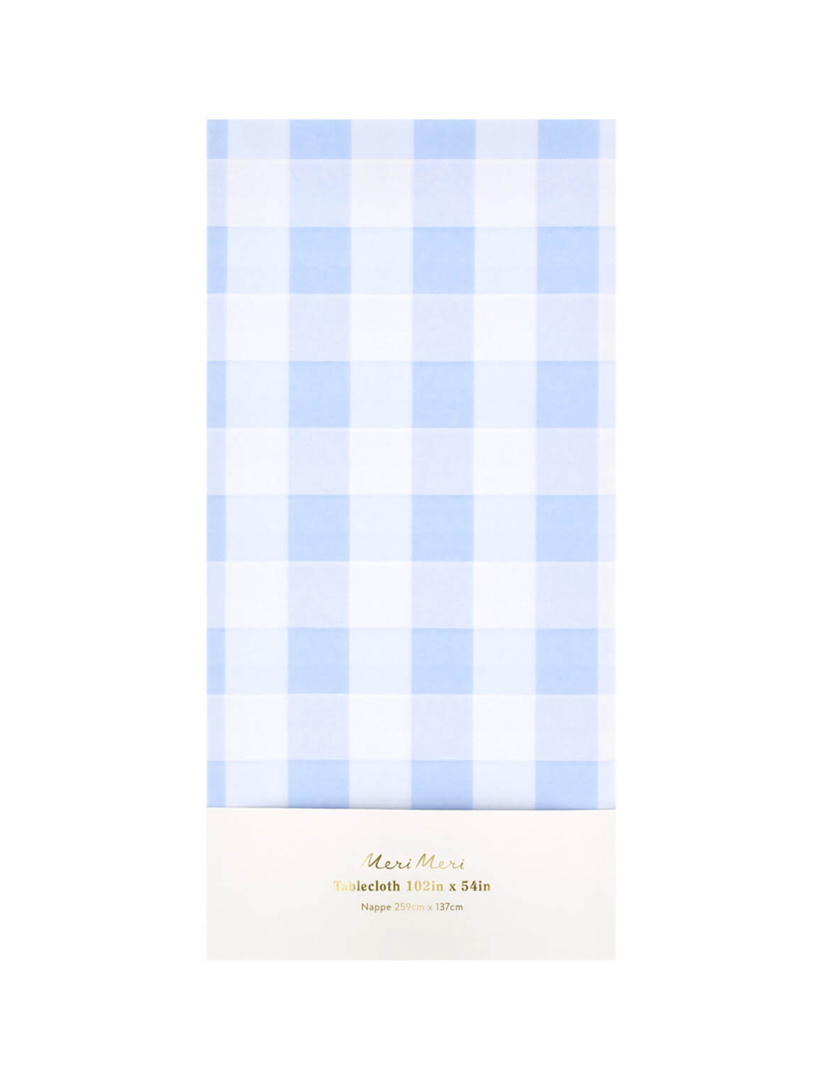 Momo Party's paper tablecloth with blue and white checkered design by Meri Meri on a white background.