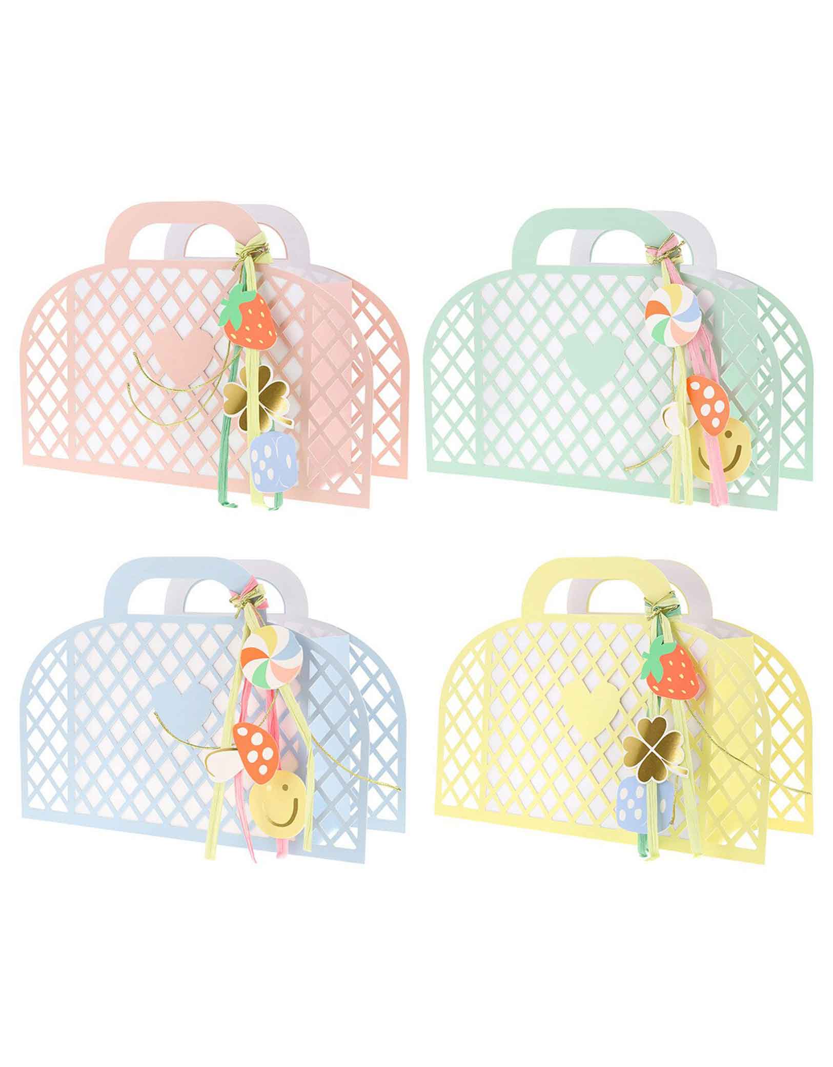 Momo Party's four pastel-colored paper tote baskets in pink, mint, blue and yellow with decorative keychain charm elements by Meri Meri on a white background.