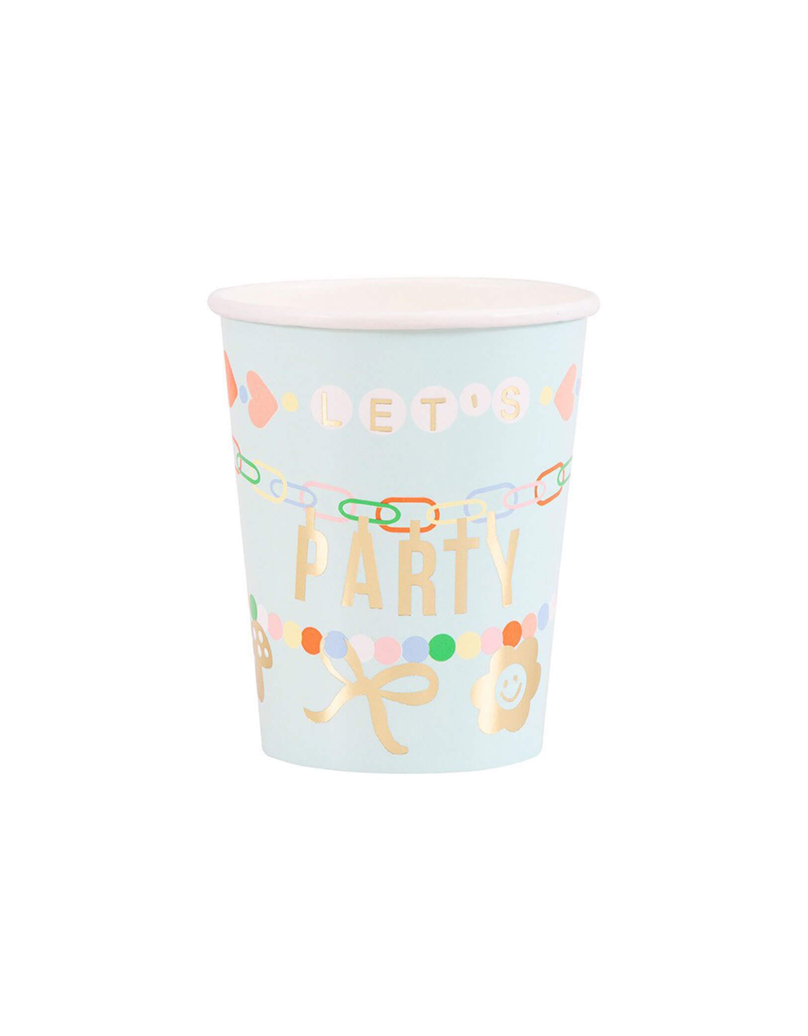 Momo Party's 9 oz pastel blue Charm Party Cup Paper cup with 'Let's Party' text in gold foil and colorful designs by Meri Meri on a white background.