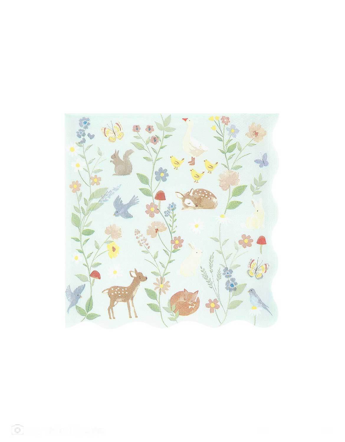 Momo Party's 6.5" cottage inspired large napkin with forest little animal and floral illustrations on it in pastel mint by Meri Meri on a white background.