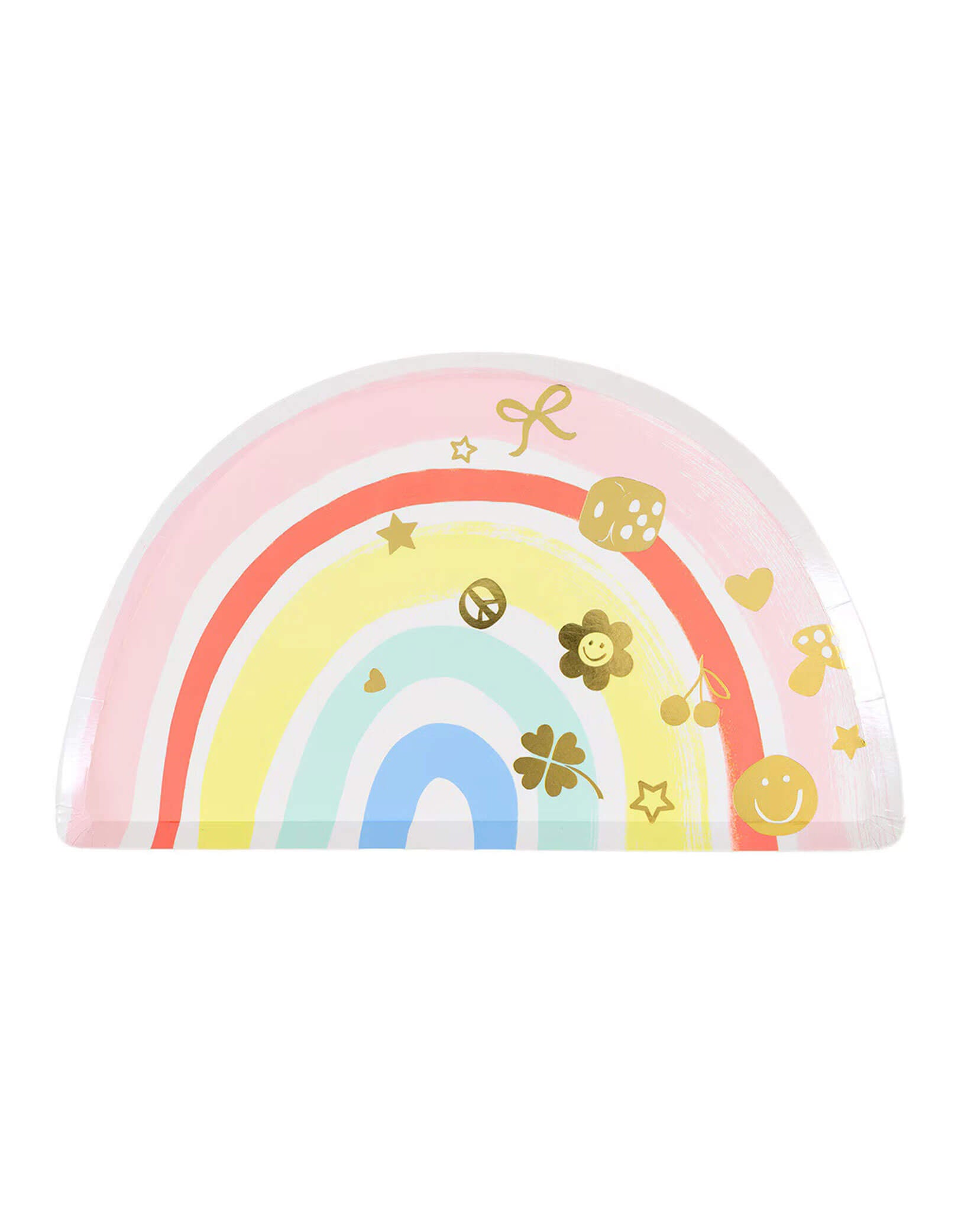 Momo Party's 10.125" x 6" Charm Party Rainbow Shaped Plate in pastel colors by Meri Meri with cute illustrations of a sun, a clover, a dice, a bow, a cherry and a mushroom in metallic gold foil.