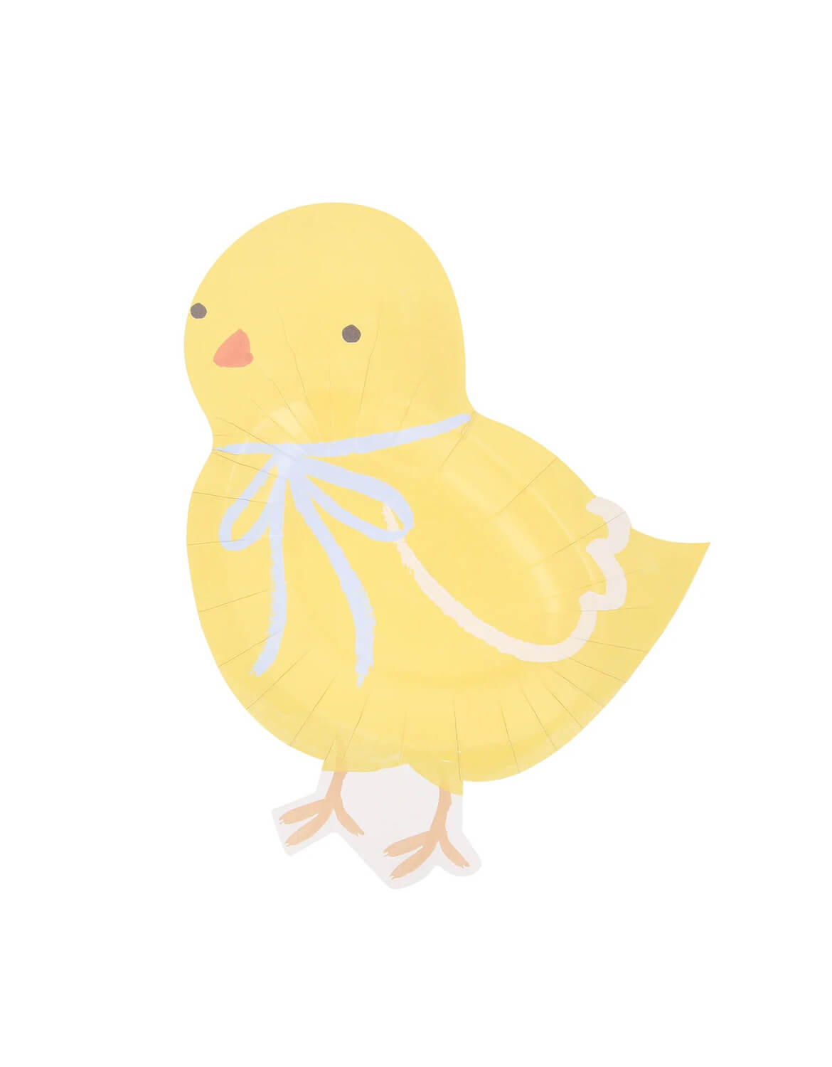 Momo Party's chick shaped party plate with a blue bow by Meri Meri on a white background.