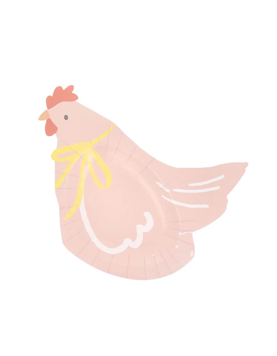 Momo Party's chicken shaped party plate with a yellow bow by Meri Meri on a white background.