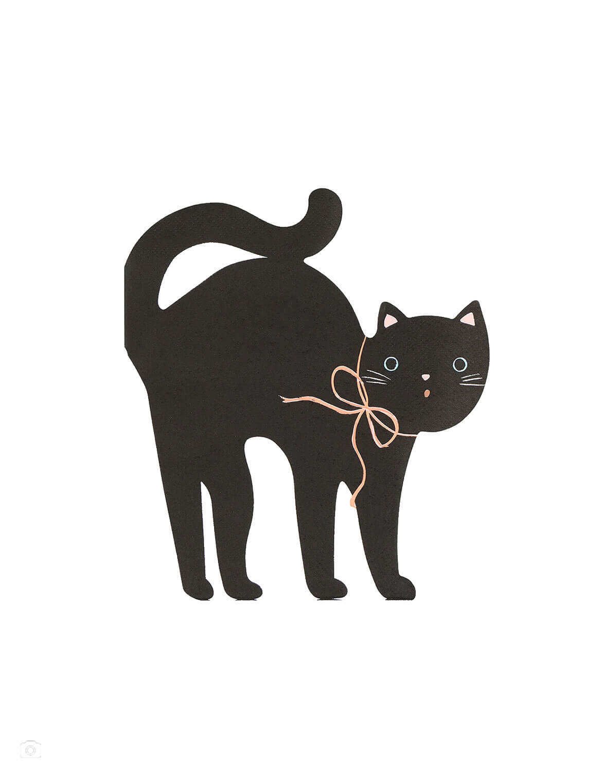 Momo Party's black cat-shaped party napkin with a glossy finish, featuring light pink inner ears, a peach bow around its neck, and small white and blue eye details by Meri Meri, shown on a plain white background.