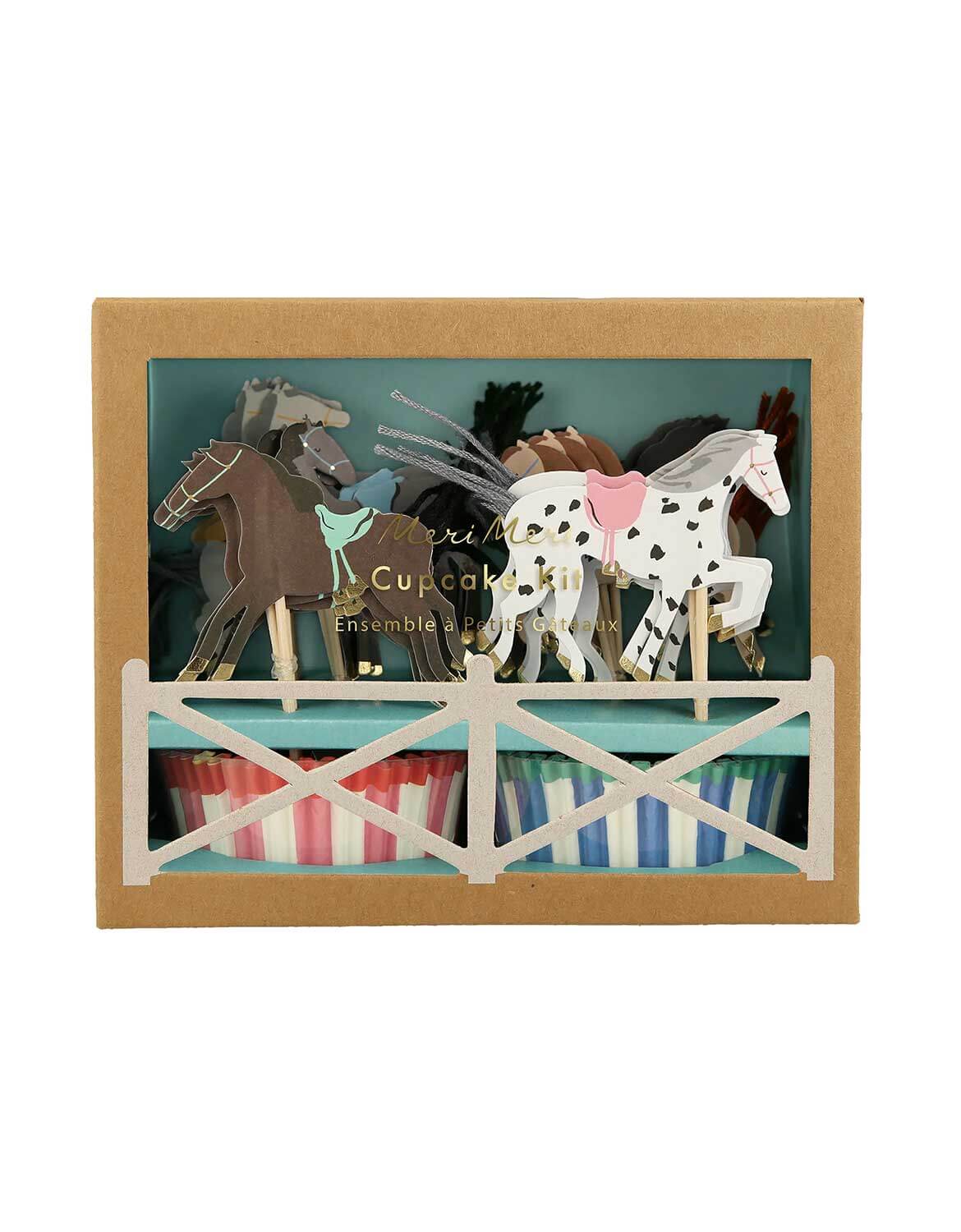Momo Party's set of horse-shaped cupcake toppers with a decorative box by Meri Meri on a white background.