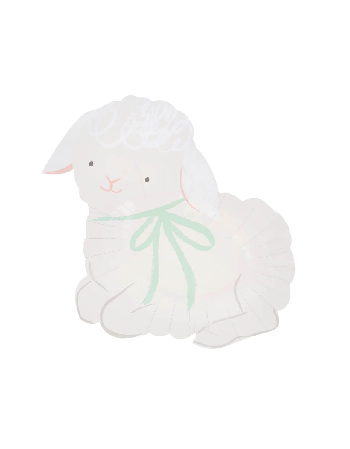 Momo Party's lamb shaped party plate with a mint bow by Meri Meri on a white background.
