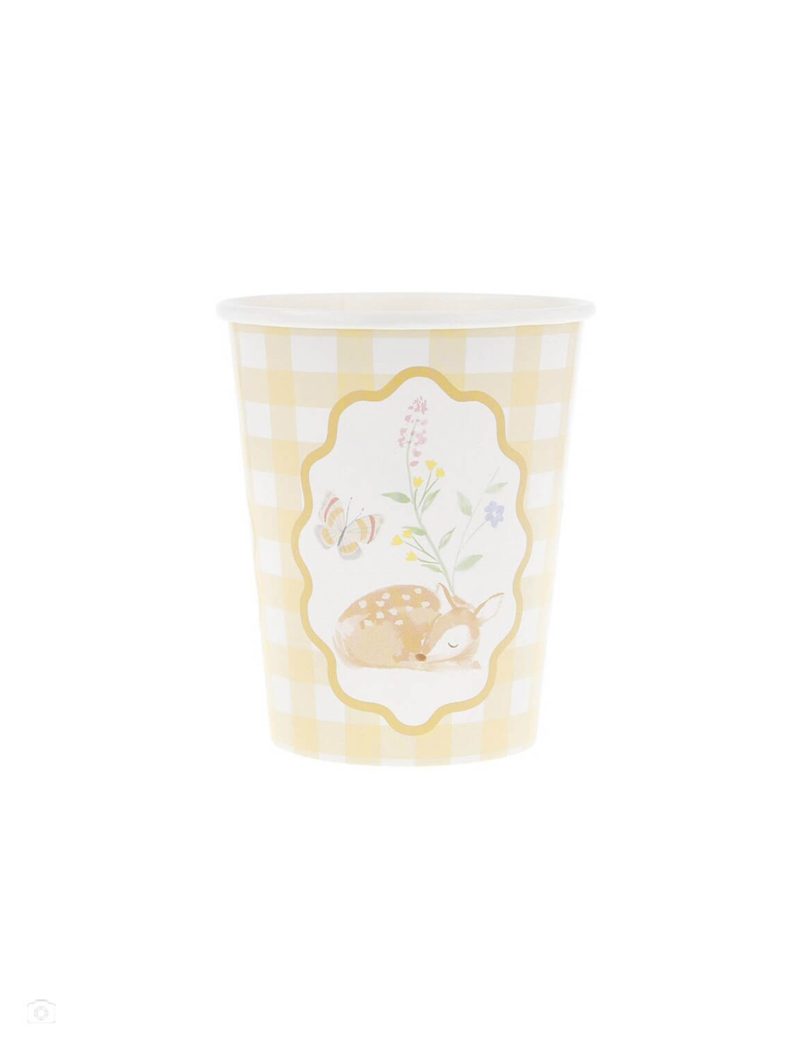 Momo Party's 9 oz pastel yellow gingham paper cup with an adorable deer illustrations in soft colors on a white background.