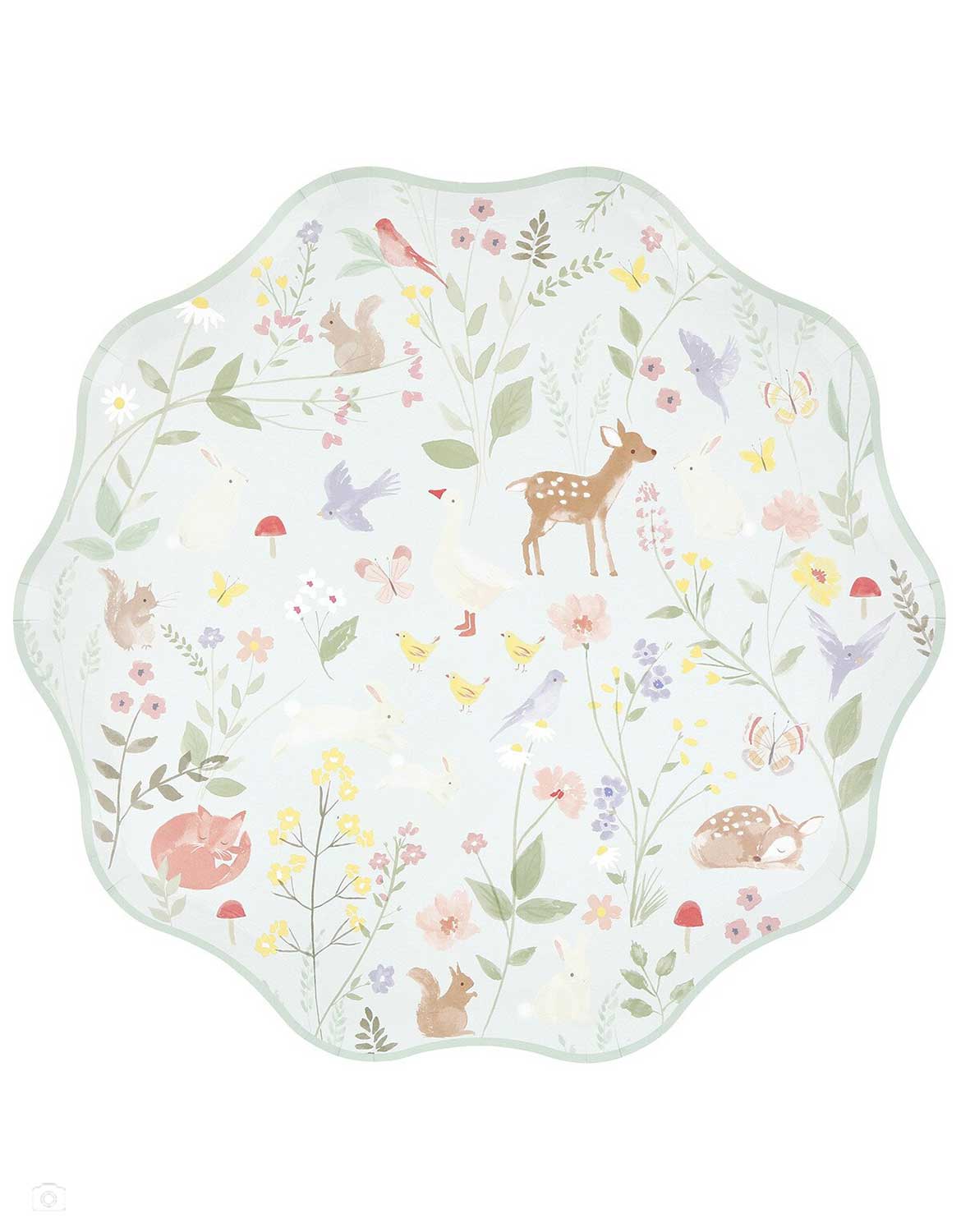 Momo Party's 10.5" cottage inspired dinner plate with forest little animal and floral illustrations on it in pastel mint by Meri Meri on a white background.