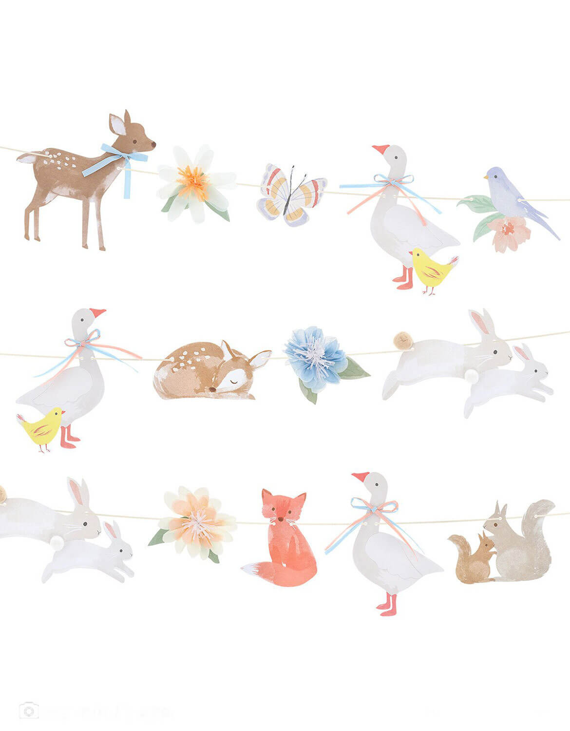 Momo Party's little animal garland set soft illustrated cottage animals including bunnies, fawns, a fox, geese, a bird, a butterfly and flowers by Meri Meri on a white background.