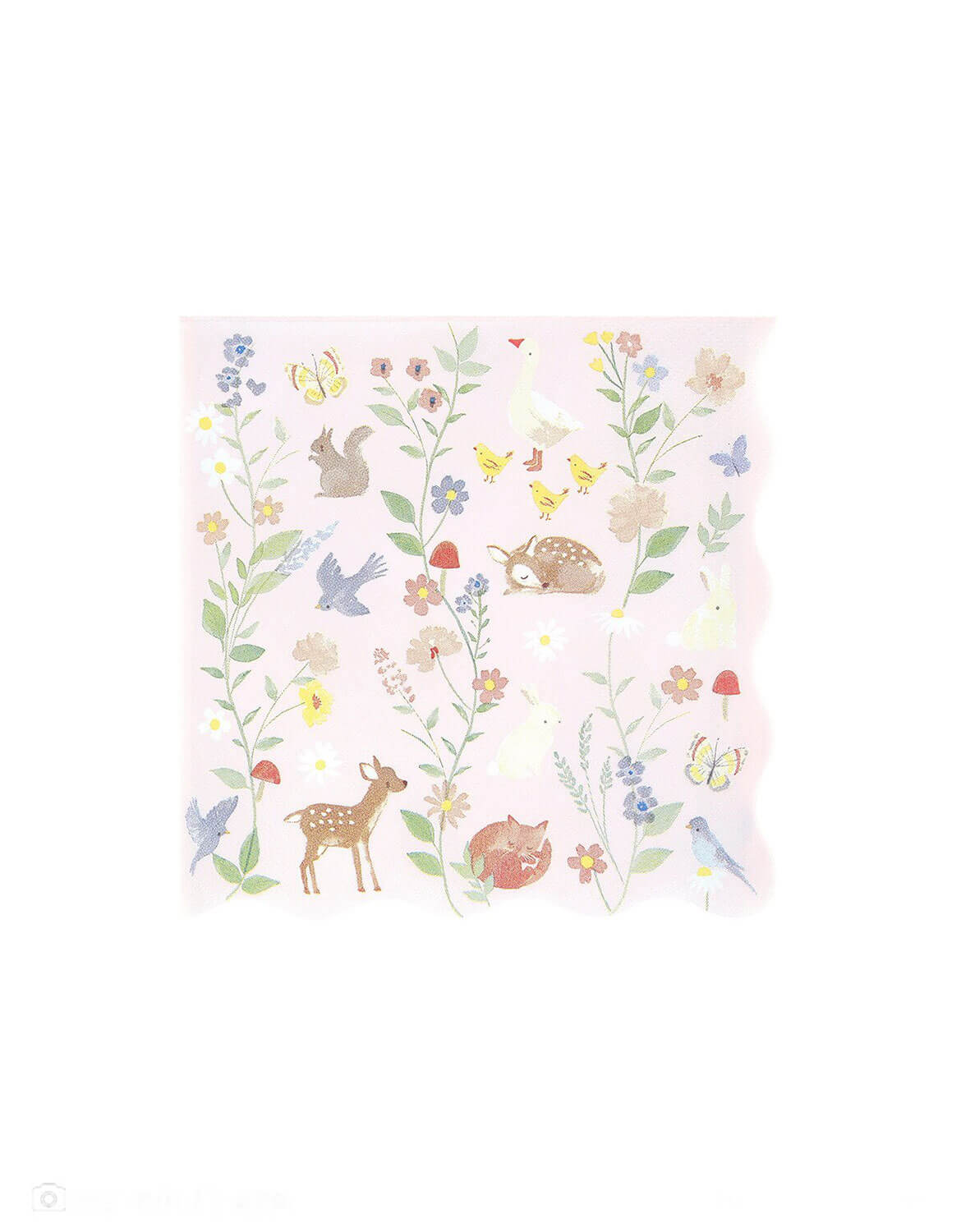 Momo Party's 6.5" cottage inspired large napkin with forest little animal and floral illustrations on it in pastel pink by Meri Meri on a white background.