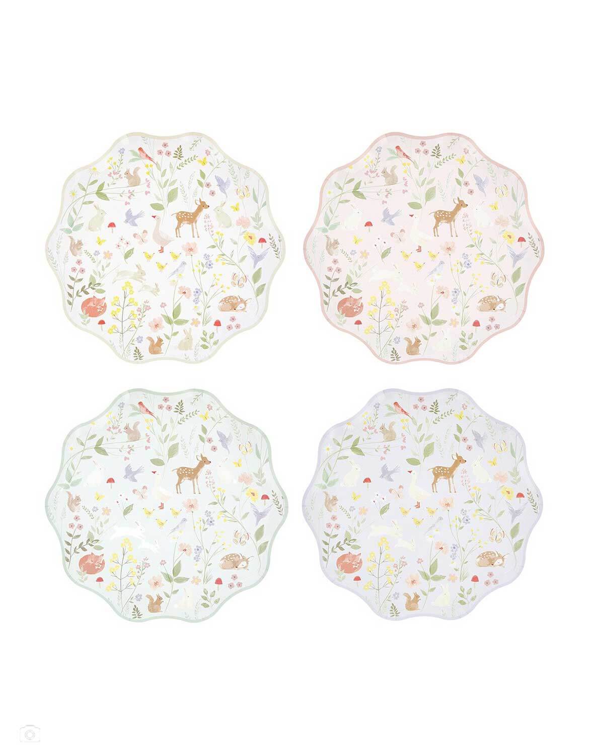 Momo Party's set of four 8.5" cottage inspired side plates with forest little animal and floral illustrations on them in pastel pink, mint and blue and off white by Meri Meri on a white background.