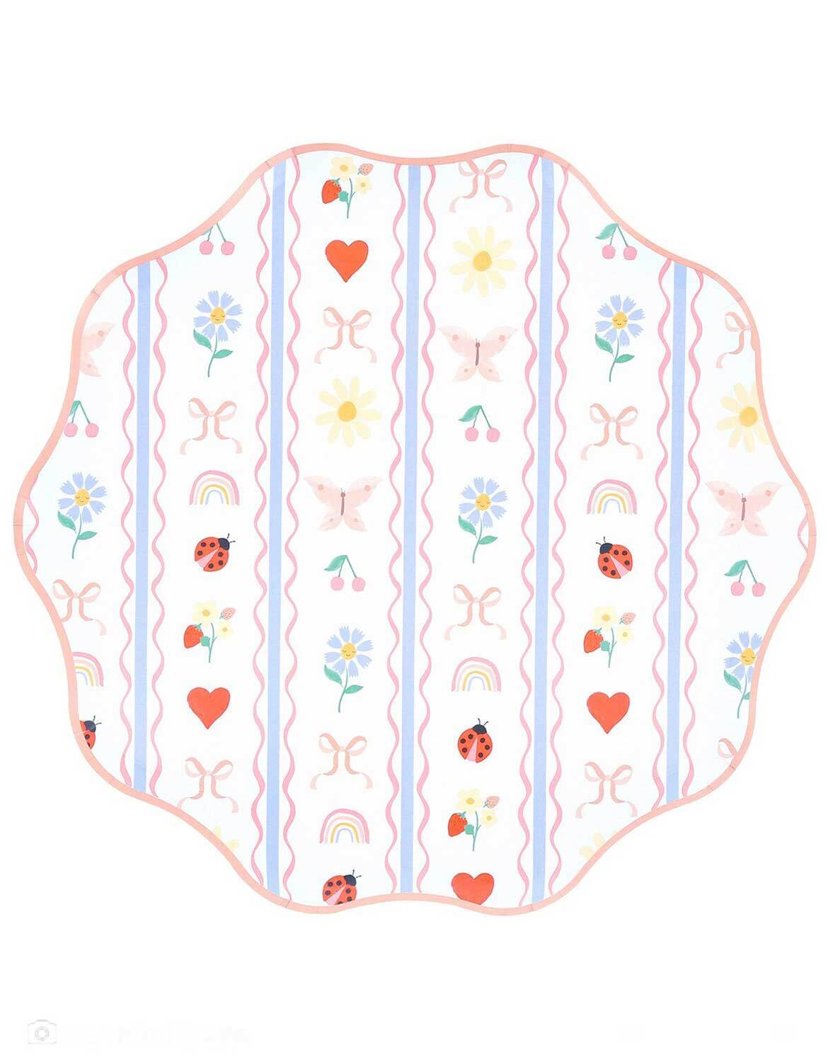 Momo Party's 10.5" vintage cottage inspired little garden dinner plate with floral, heart, lady bugs, bows and rainbow patterns on a white background.