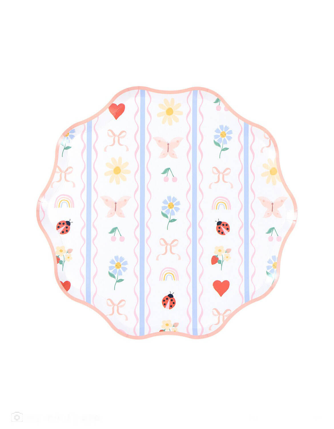Momo Party's 8.5" vintage cottage inspired little garden side plate with floral, heart, lady bugs, bows and rainbow patterns on a white background.