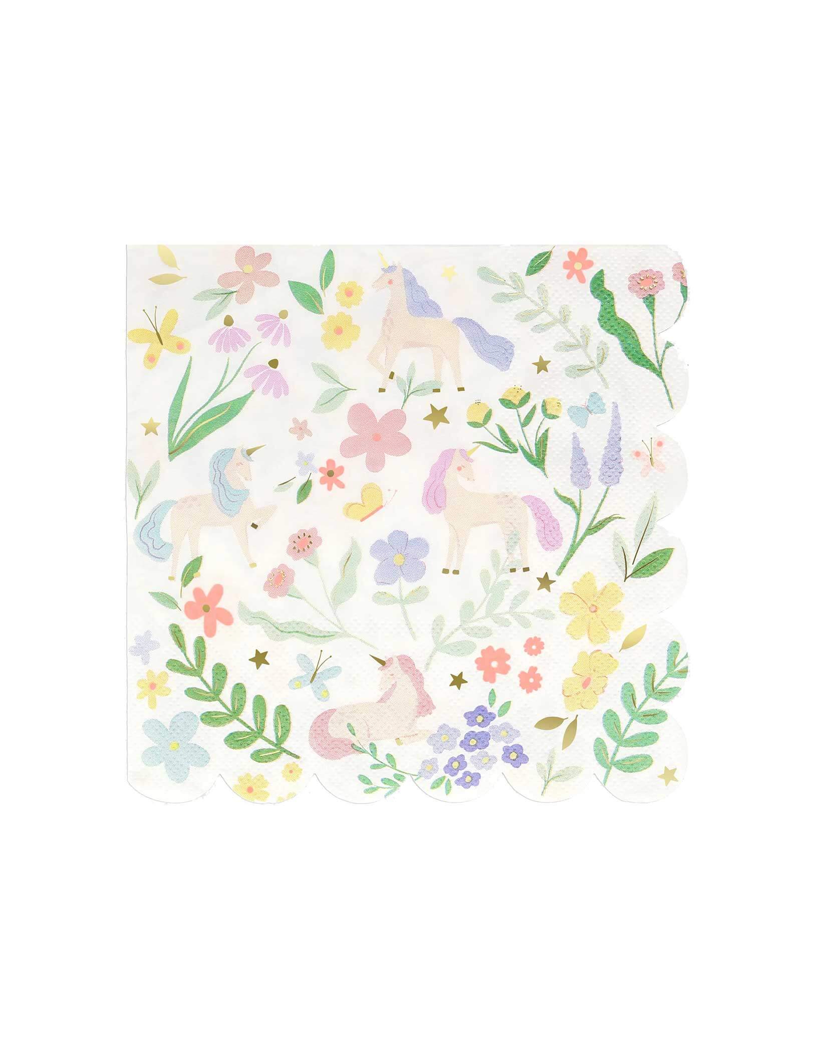 Momo Party's 6.5" Meadow Unicorns Large Napkins by Meri Meri. These large paper napkins, with a stylish scalloped border, will instantly make your little girl's unicorn or princess party look so magical. Great for mixing and matching with pastel tableware and decorations.