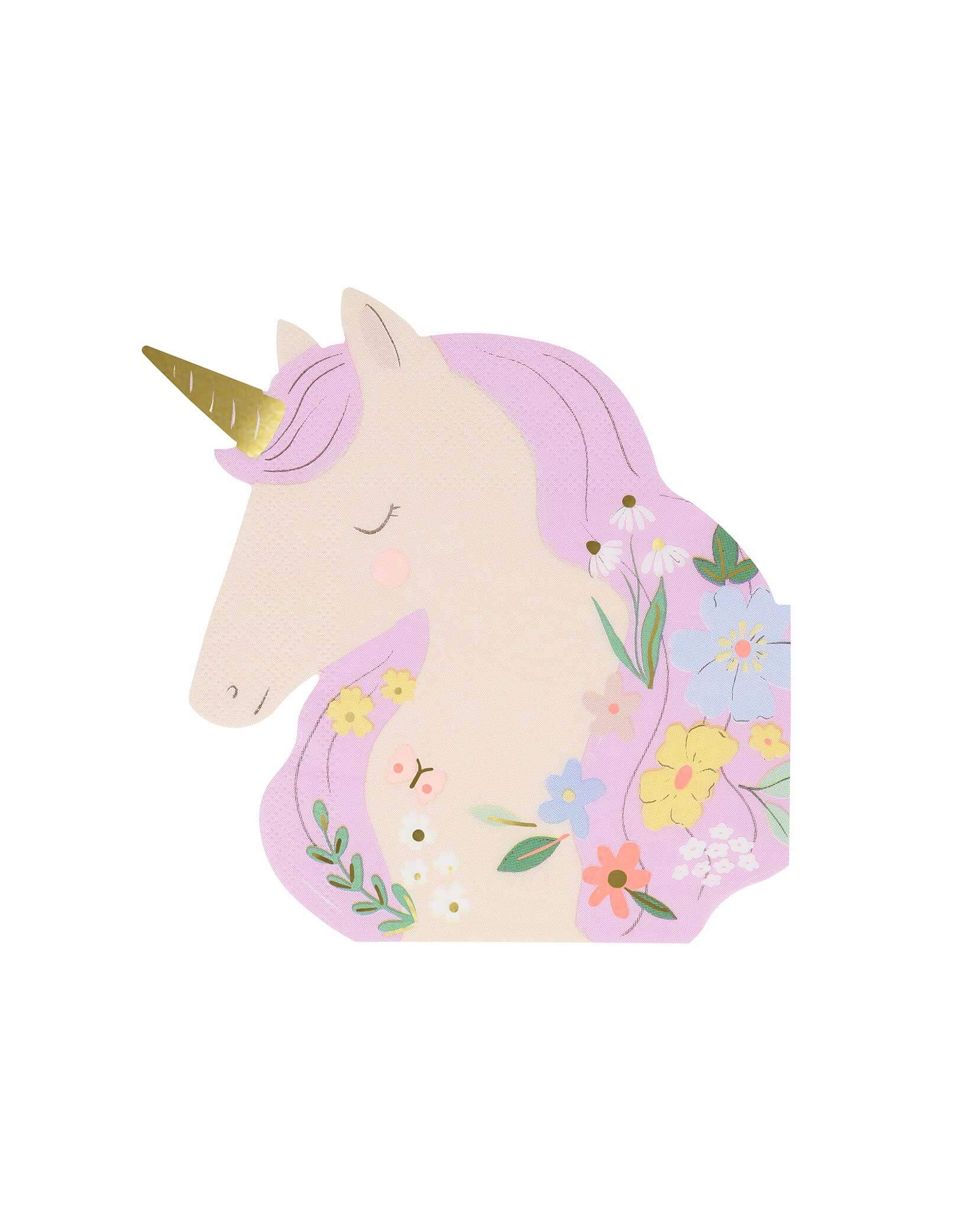 Momo Party's 6.25" x 6.375" Meadow Unicorns Shaped Napkin by Meri Meri. Comes in a set of 16, these pretty paper napkins will instantly make your little girl's unicorn or princess party look so magical. Great for table layering and mixing and matching with pastel tableware and decorations.