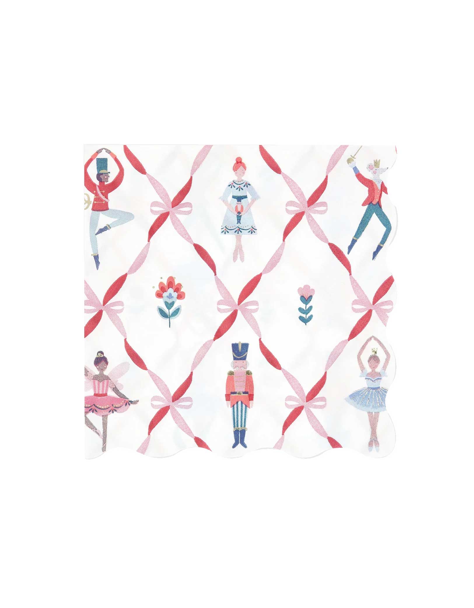Momo Party's 6.5" Nutcracker Ballet Party Large Napkins with pattern of nutcracker soldiers, the Mouse King, ballerinas, and pink ribbon bows by Meri Meri on a white backgroung.