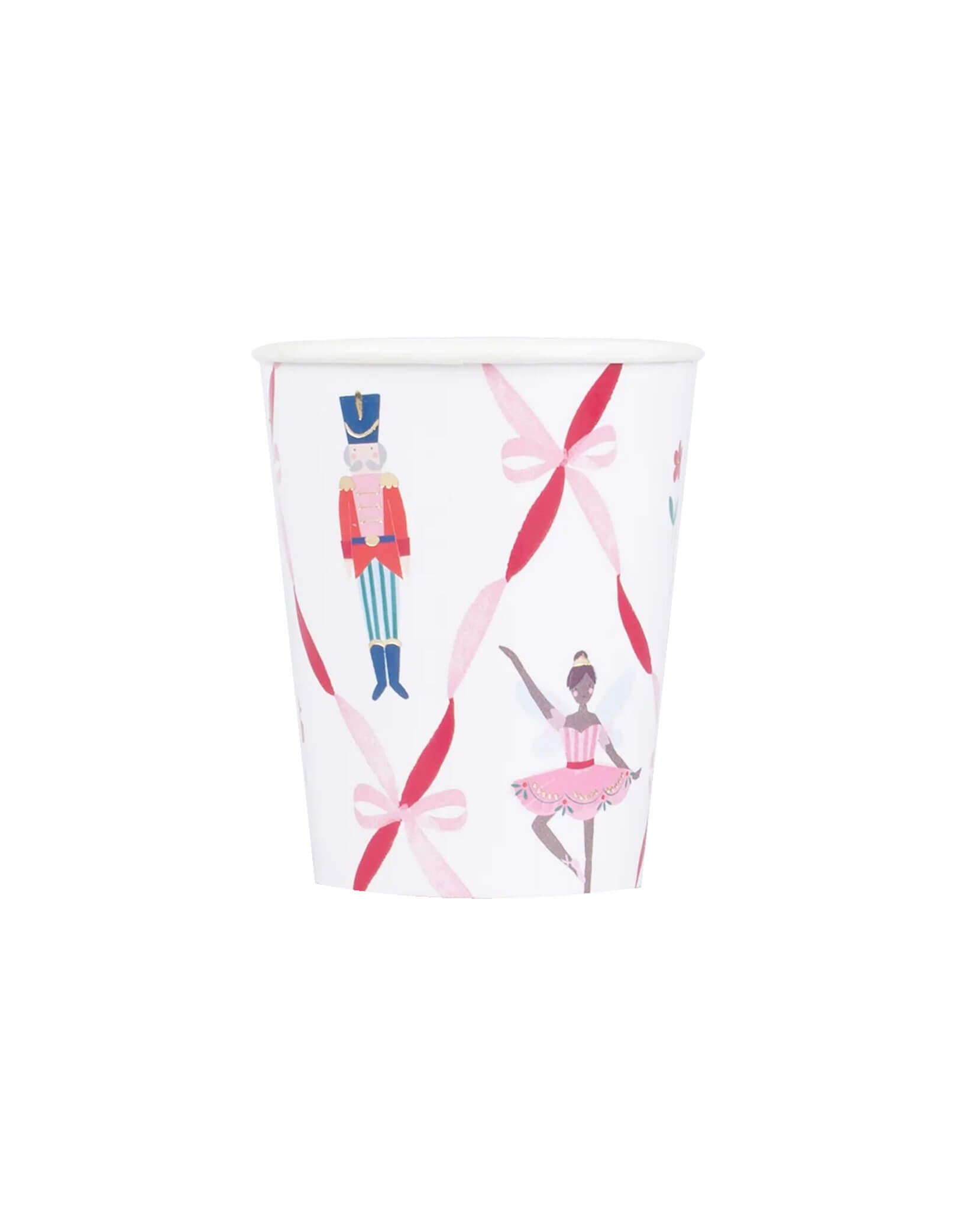 Momo Party's 9oz Nutcracker Ballet Cup by Meri Meri with pink ribbon bows, Nutcracker soldier and ballet dancer design on a white background.