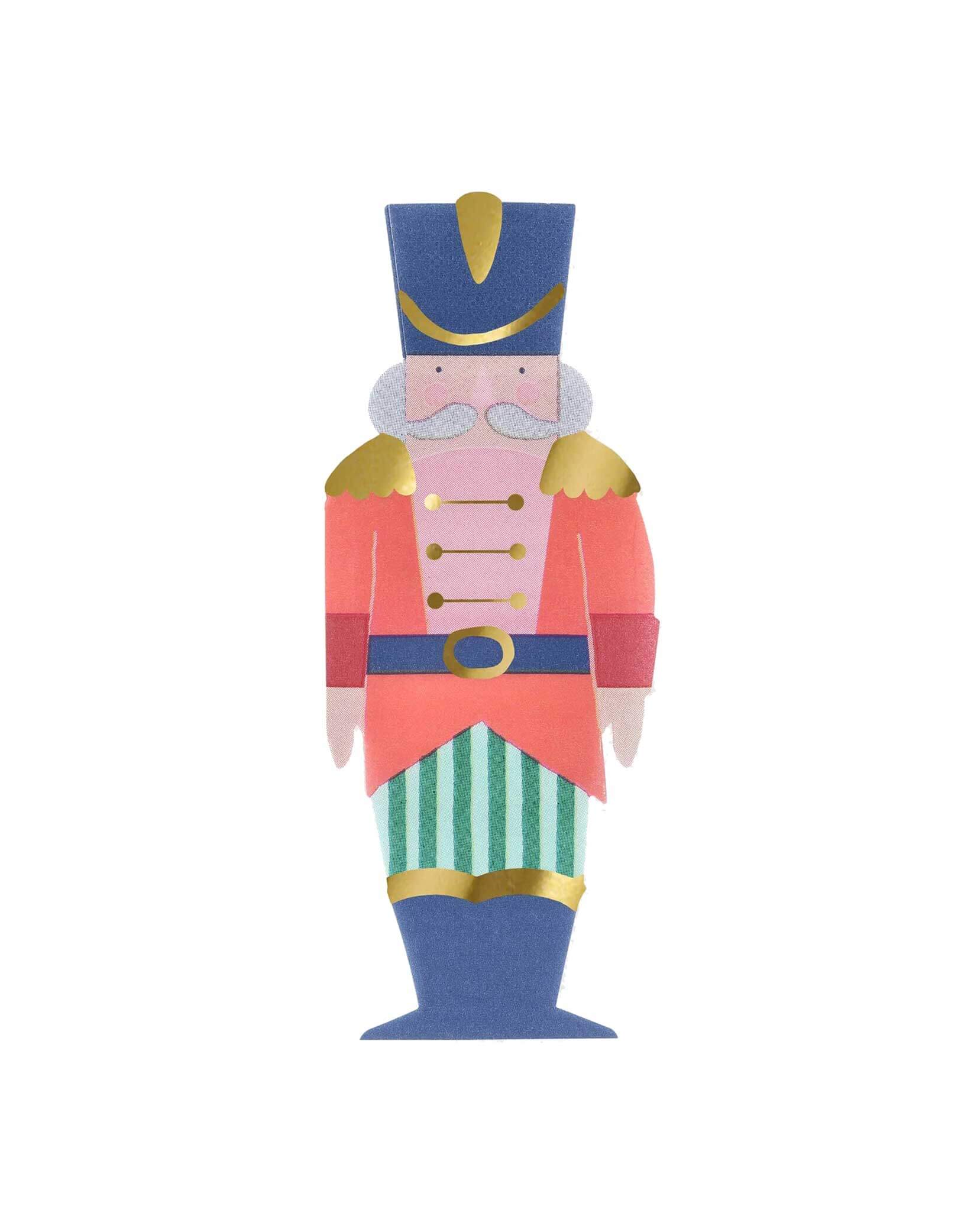 Momo Party's 3" x 7.625" Nutcracker soldier shaped napkin with gold foil accents by Meri Meri on a white background.