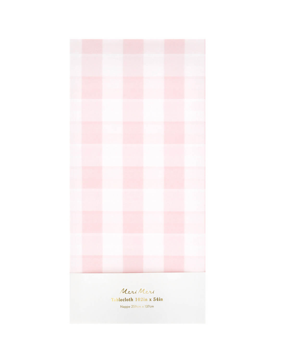 Momo Party's paper tablecloth with pastel pink and white checkered design by Meri Meri on a white background.