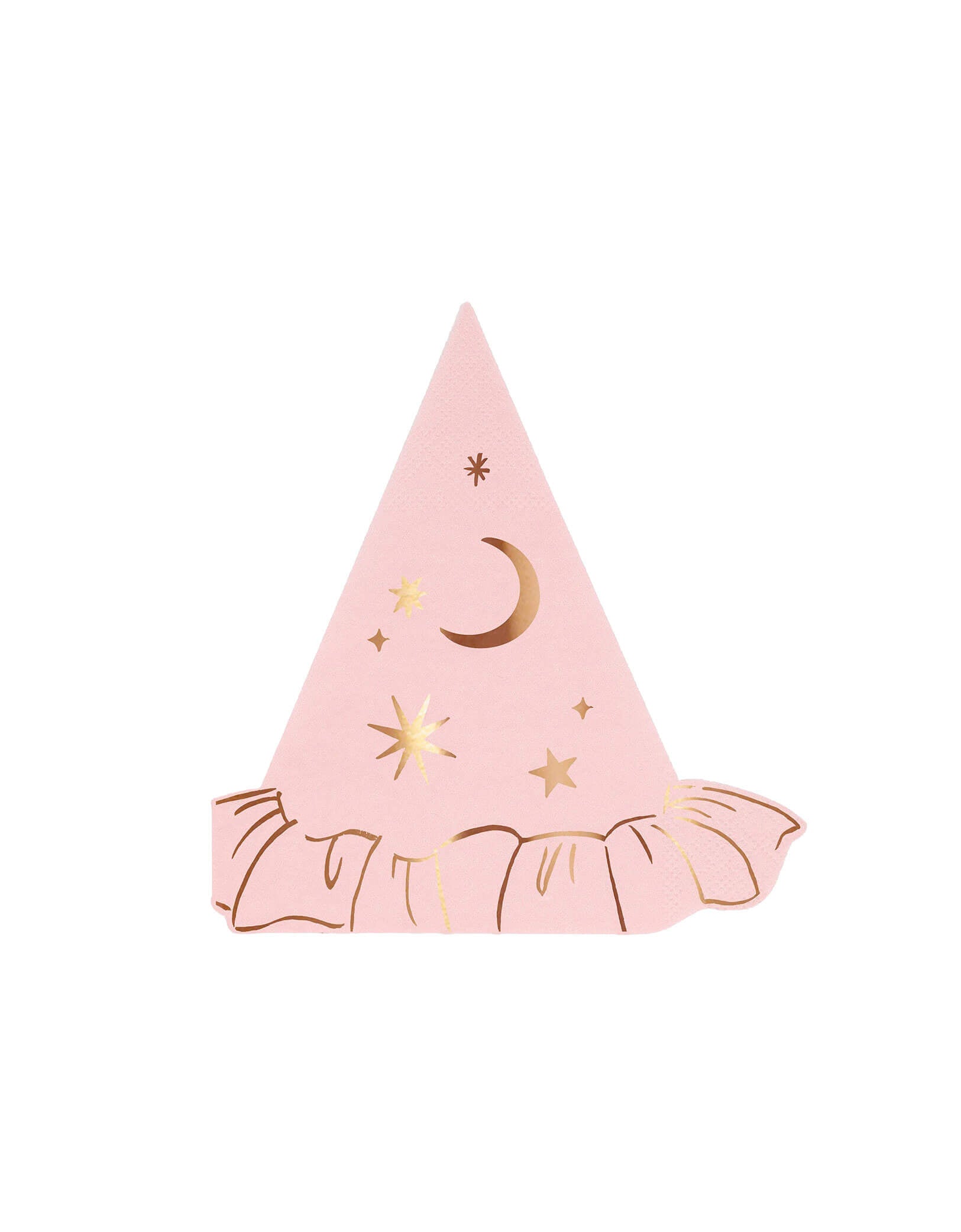 Momo Party's 5.75" x 6.25" Pink Witch Hat Napkins with gold star and moon designs by Meri Meri on a white background. Made from pink paper, with shiny rose gold foil details, they'll put elegance into the eerie season. Perfect for table layering and mixing and matching with your other Halloween party supplies.