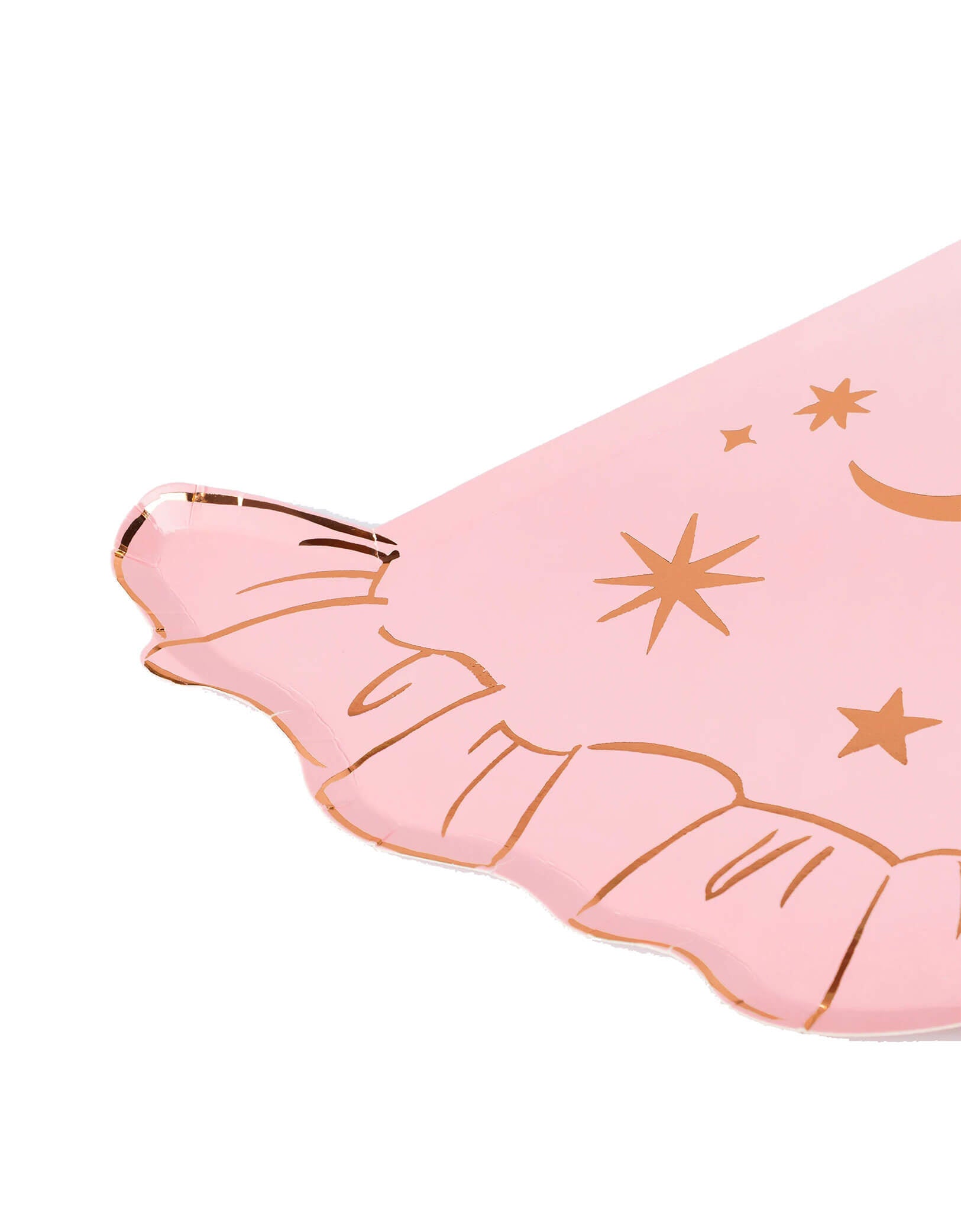 A close up shot of Momo Party's pink witch hat shaped plate with rose gold stars and moon design by Meri Meri on a white background. Made from pink paper, with shiny rose gold foil details, they'll put elegance into the eerie season. Perfect for table layering, and mixing and matching with your other Halloween party supplies.