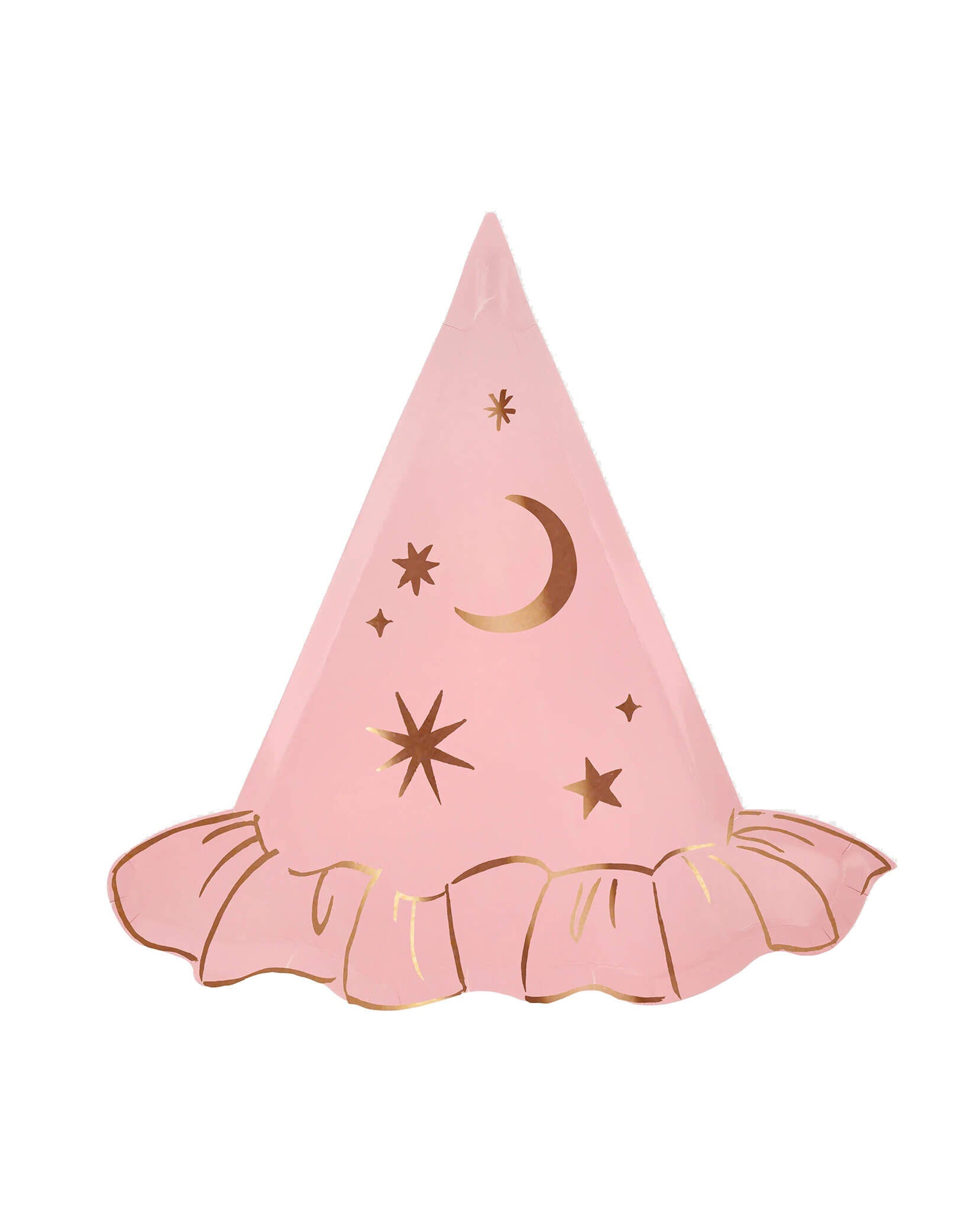 Momo Party's pink witch hat shaped plate with rose gold stars and moon design by Meri Meri on a white background. Made from pink paper, with shiny rose gold foil details, they'll put elegance into the eerie season. Perfect for table layering, and mixing and matching with your other Halloween party supplies.
