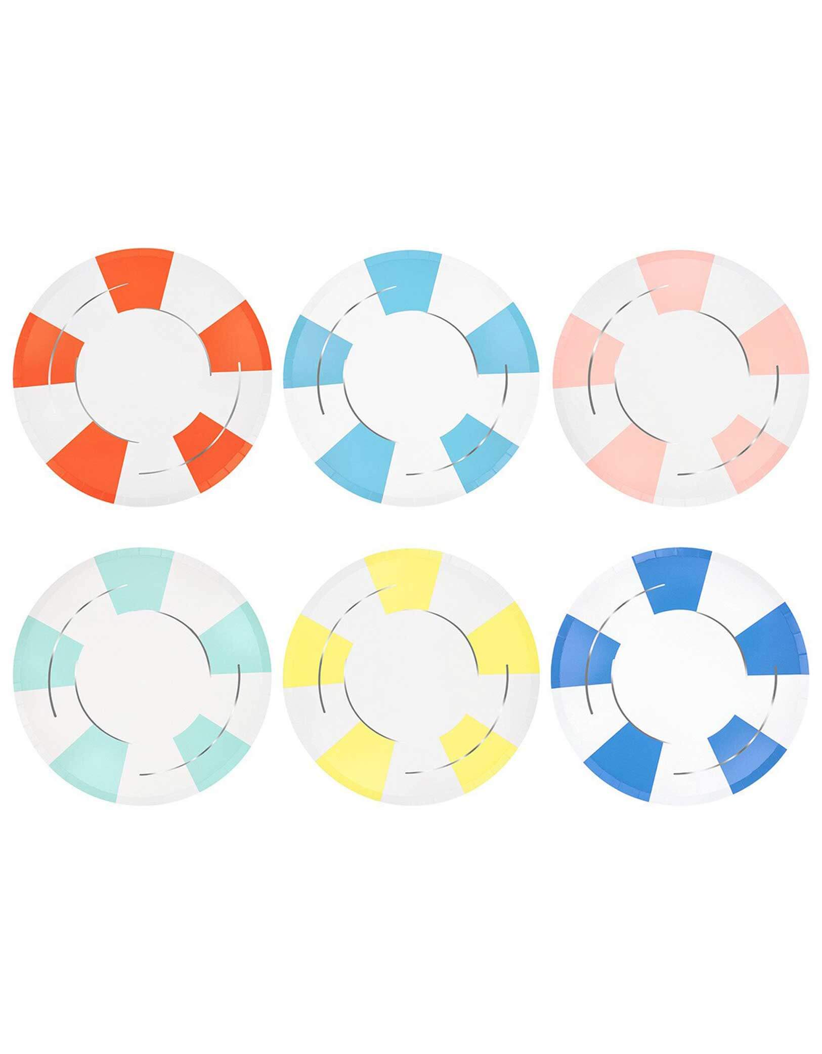Momo Party's 10.5" Pool Float Shaped Dinner Plate set in 6 colors of red, light blue, pink, mint, yellow and dark blue by Meri Meri on a white background.