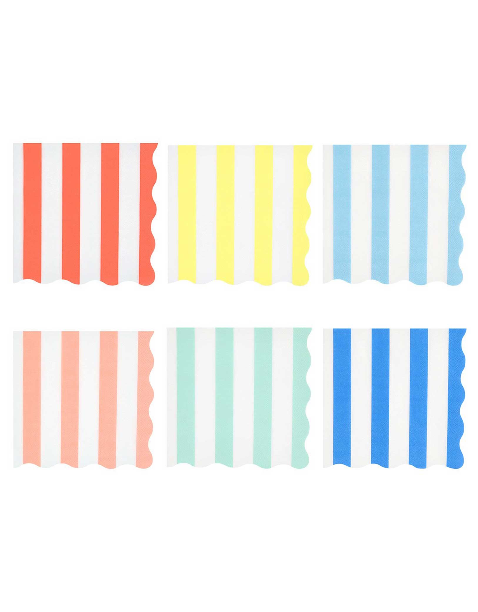 Momo Party's 6.5" Beach Striped Large Napkins in red, yellow, light blue, pink, mint and dark blue by Meri Meri on a white background.