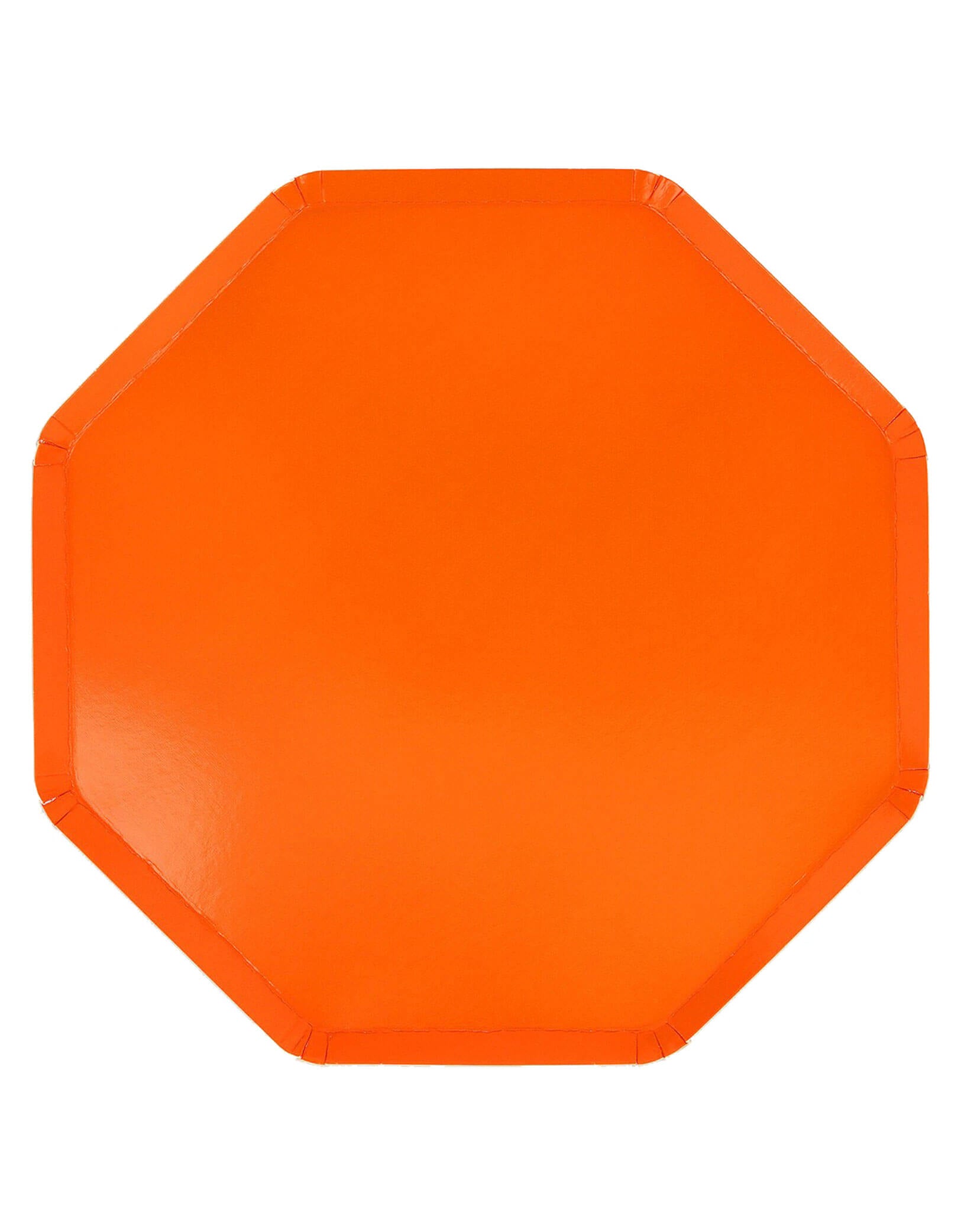 Momo Party's 10.25" pumpkin orange octagonal dinner plate by Meri Meri on a white background.