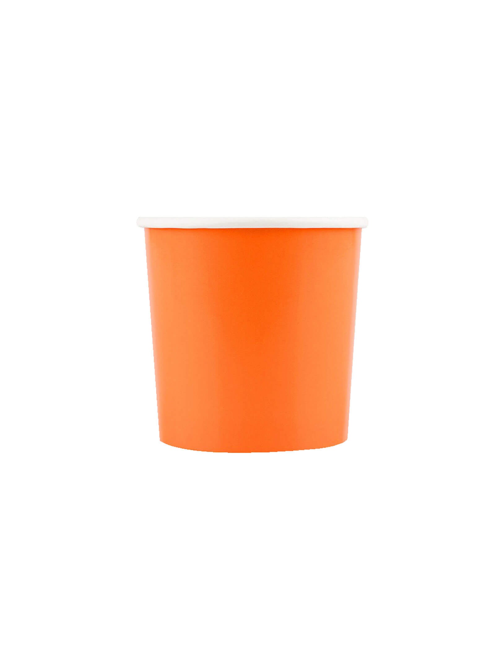 Momo Party's 9 oz Pumpkin Orange Tumbler Cups by Meri Meri on a white background. Comes in a set of 8, these paper cups, crafted in an eye-catching orange, are perfect for special celebrations like Halloween, birthdays or fall family meals. Orange is associated with optimism, enthusiasm and happiness, so will instantly make your guests feel cheerful! These cups are part of our stylish new take on mix and match tableware.