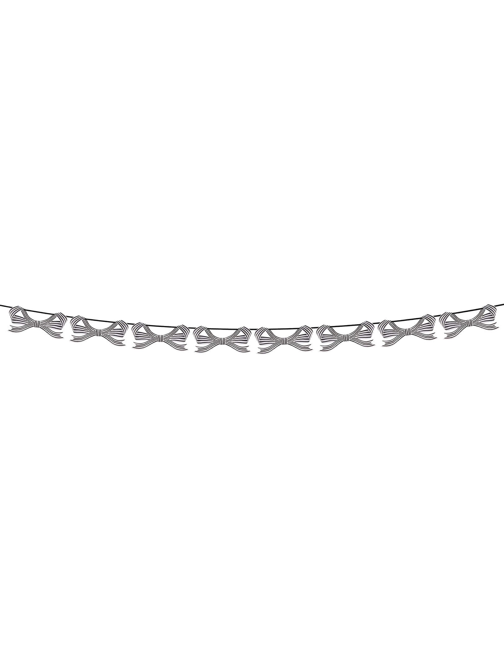 Momo Party's 8 ft Black & White Stripy Bow Garland with bow-shaped ornaments by Meri Meri on a white background. The bold black and white stripes, and soft black velvet ribbon, will give a striking touch indoors or out at your Halloween celebration. Perfect for draping on the party table or mantel, hanging in the porch or windows, or swaying from trees. Plus, it's reusable to bring effortless elegance, and a hint of eerie charm, year after year.
