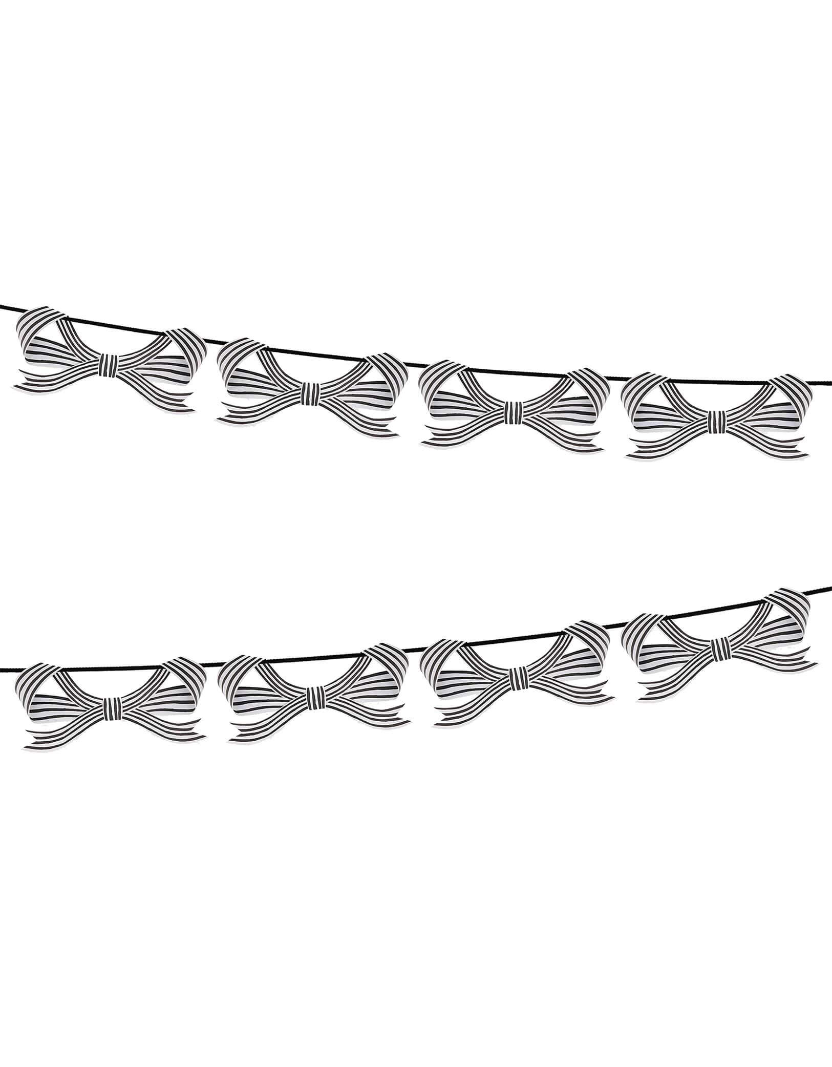 Momo Party's 8 ft Black & White Stripy Bow Garland with bow-shaped ornaments by Meri Meri on a white background. The bold black and white stripes, and soft black velvet ribbon, will give a striking touch indoors or out at your Halloween celebration. Perfect for draping on the party table or mantel, hanging in the porch or windows, or swaying from trees. Plus, it's reusable to bring effortless elegance, and a hint of eerie charm, year after year.