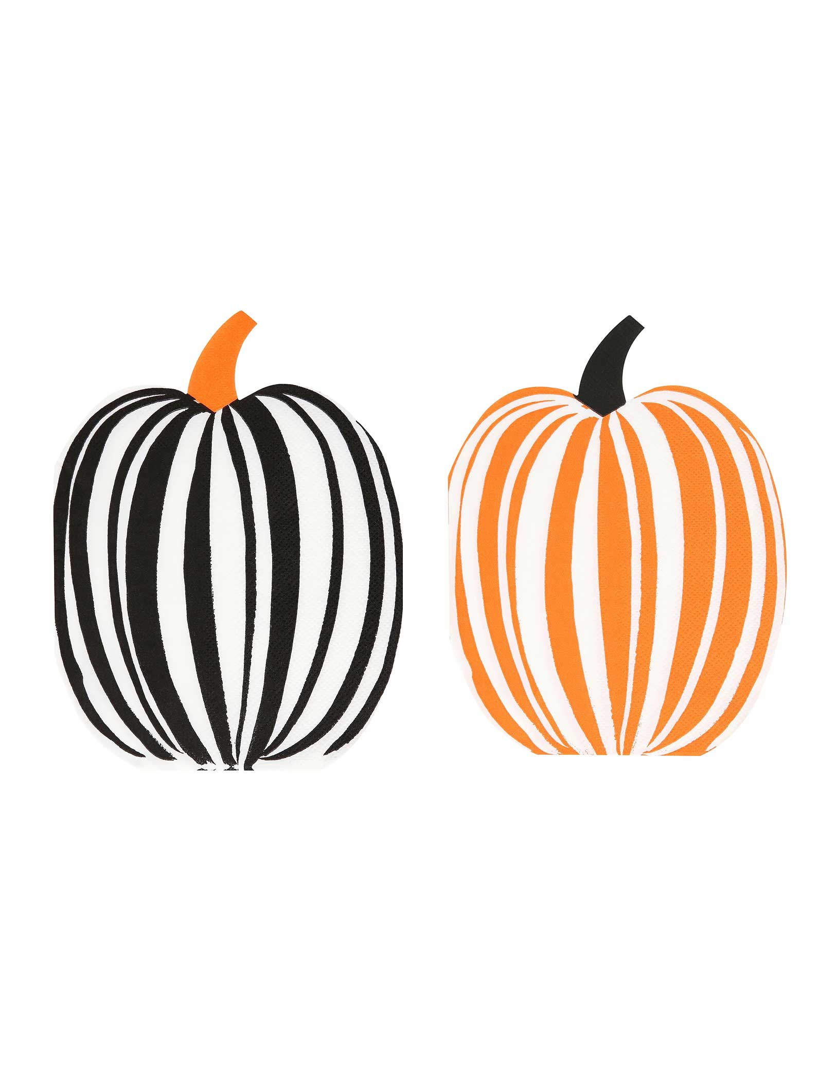 Momo Party's 5.625" x 7.375" Stripe Pumpkin Paper Napkins featuring two pumpkins, one black and white striped, the other orange and white striped by Meri Meri on a white background. The dynamic shape, and stripes, of these pumpkin paper napkins bring a classic Halloween icon to life, setting the tone for a spirited celebration. Ideal for a kid-friendly feast, or a scary-chic soirée, they'll add the finishing touch to your party table.