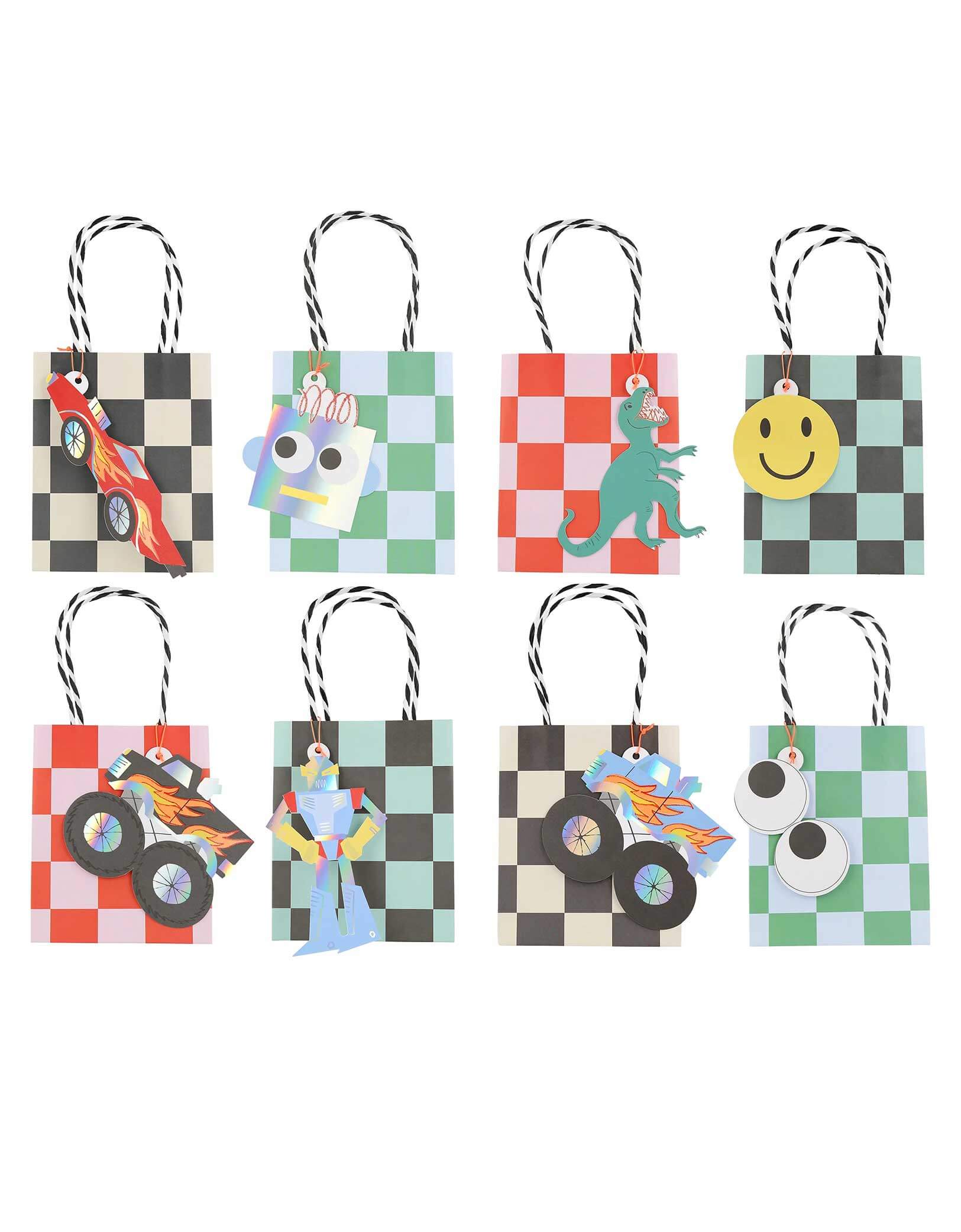 Momo Party's Toybox Icon Party Bags by Meri Meri. Fun and nostalgic, these classic toy box icons including race cars, monster trucks, smiley faces, googly eyes and robots will appeal to both kids and adults celebrating the joy of play. The bold and bright retro designs of these party bags with checker board designs will instantly make your party guests feel happy! They each come with a colorful sticker!