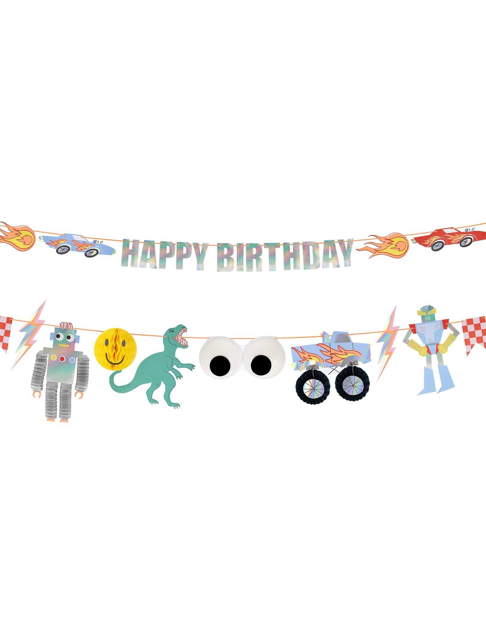 Momo Party's 9 ft Toy Box Icon Party Garland by Meri Meri. This fun and nostalgic party garland features the classic toy box icons with bold and bright retro designs, and honeycomb embellishments. Featuring elements like robots, monster trucks, race cars, lightning bolts, googly eyes, dinosaurs, smiley faces with "HAPPY BIRTHDAY" on it, it transform your room to a fun and cheerful party world!