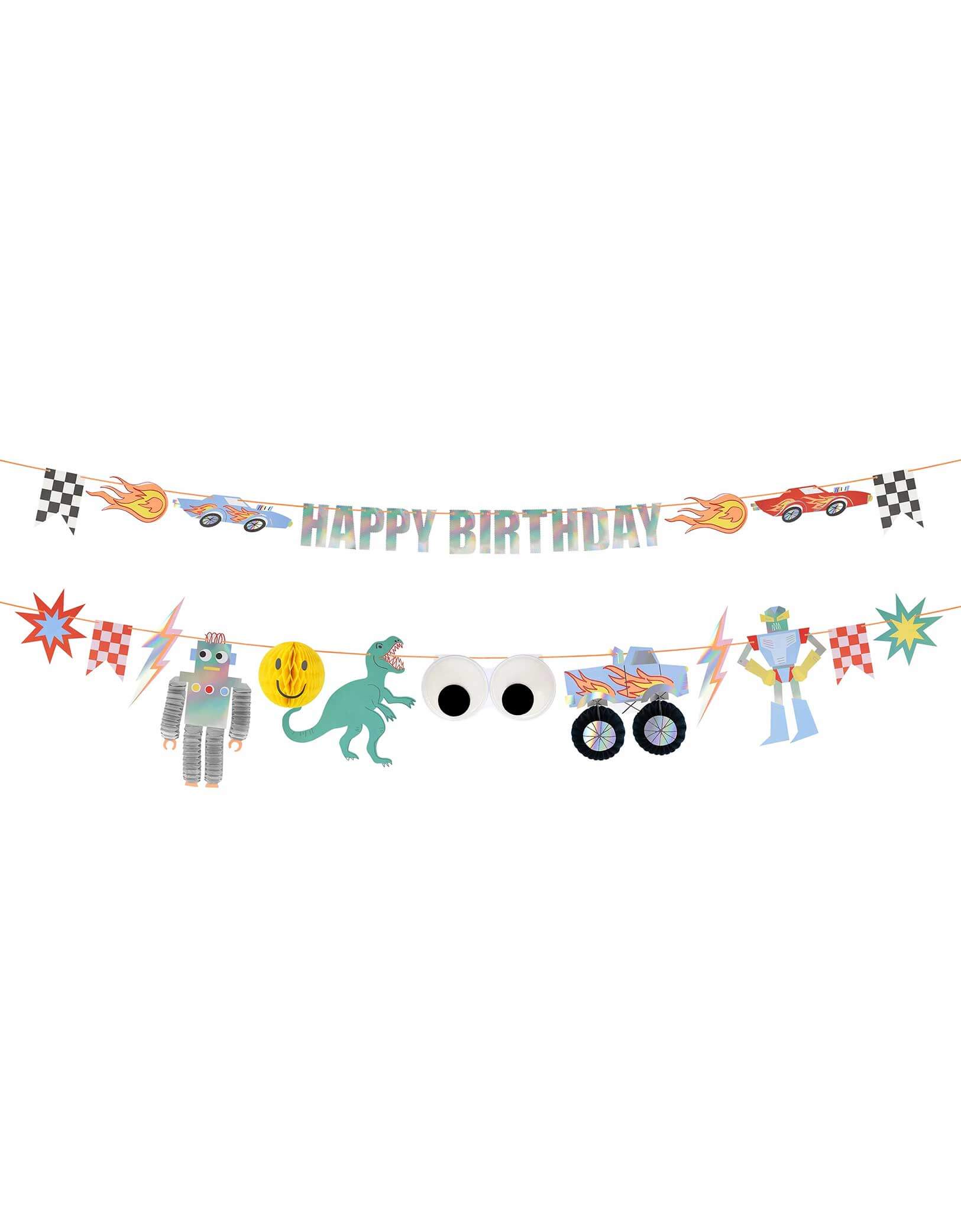 Momo Party's 9 ft Toy Box Icon Party Garland by Meri Meri. This fun and nostalgic party garland features the classic toy box icons with bold and bright retro designs, and honeycomb embellishments. Featuring elements like robots, monster trucks, race cars, lightning bolts, googly eyes, dinosaurs, smiley faces with "HAPPY BIRTHDAY" on it, it transform your room to a fun and cheerful party world!