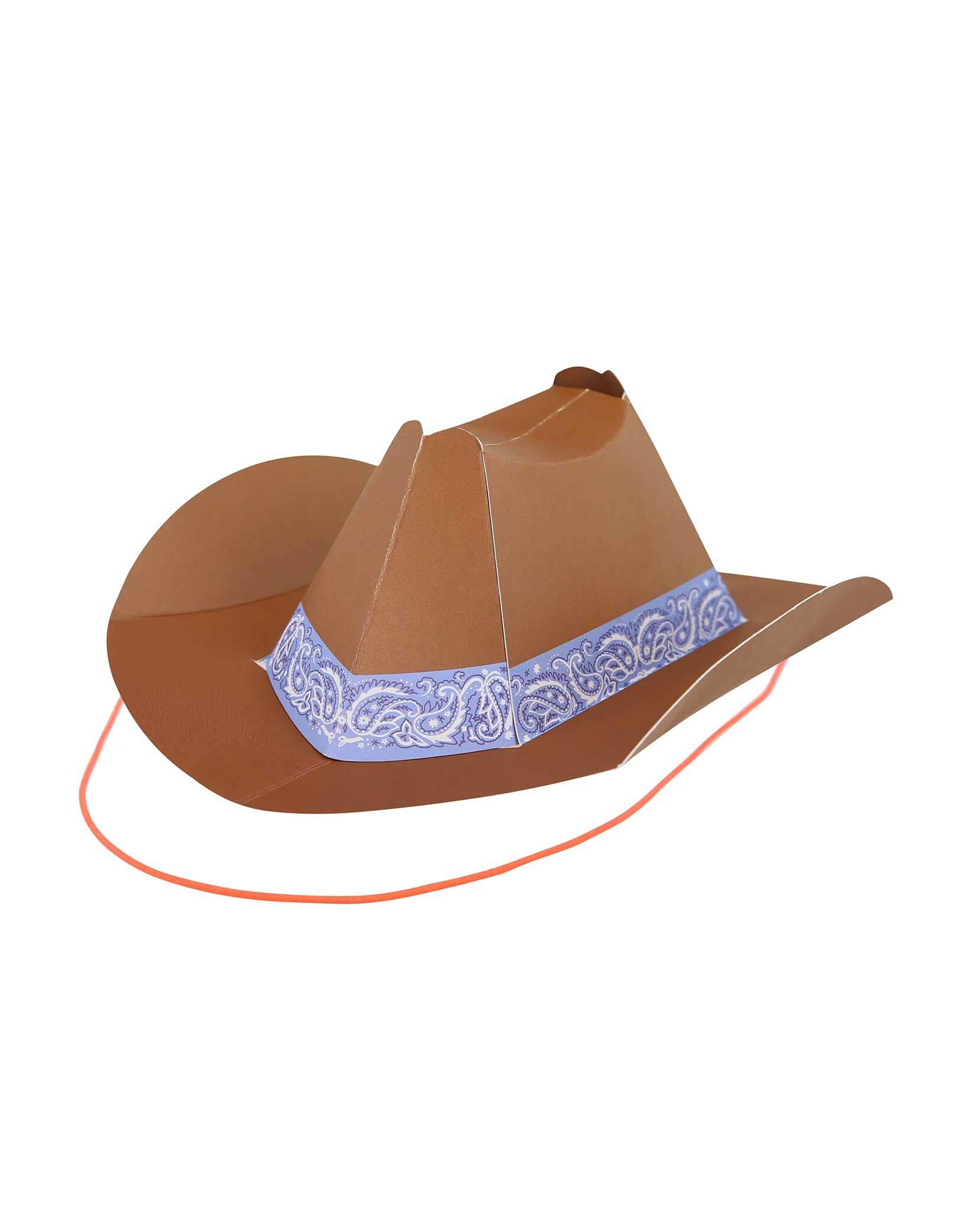 Momo Party's 6.3" Colorful Mini Western Party Hat in brown by Meri Meri. Comes in a set of 8 in 8 different colors, these adorable paper hats in the classic cowboy hat shape bring a touch of the frontier to your Western themed party, be it birthdays, country music gatherings, or barbecues. They're suitable for cowgirls and cowboys of all ages. Add them to the table for instant decoration and watch your guests have a rootin' tootin' good time wearing them.