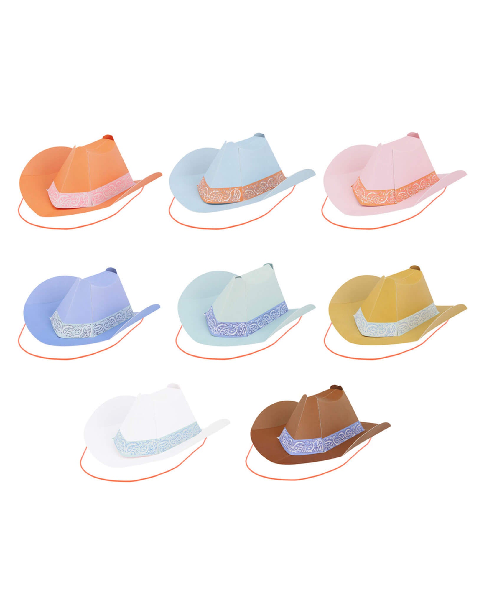 Momo Party's 6.3" Colorful Mini Western Party Hats by Meri Meri. Comes in a set of 8 in 8 different colors, these adorable paper hats in the classic cowboy hat shape bring a touch of the frontier to your Western themed party, be it birthdays, country music gatherings, or barbecues. They're suitable for cowgirls and cowboys of all ages. Add them to the table for instant decoration and watch your guests have a rootin' tootin' good time wearing them.