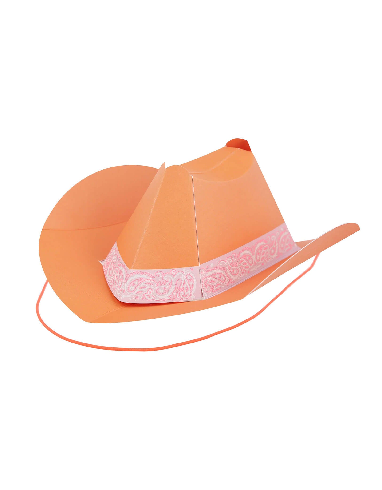 Momo Party's 6.3" Colorful Mini Western Party Hat in orange by Meri Meri. Comes in a set of 8 in 8 different colors, these adorable paper hats in the classic cowboy hat shape bring a touch of the frontier to your Western themed party, be it birthdays, country music gatherings, or barbecues. They're suitable for cowgirls and cowboys of all ages. Add them to the table for instant decoration and watch your guests have a rootin' tootin' good time wearing them.