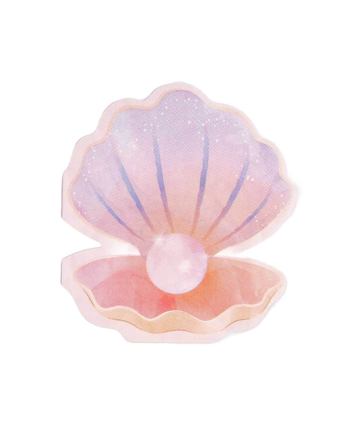 Momo Party's 6.25" x 5.5" pastel-colored shell shaped napkin with a pearl inside on a white background.