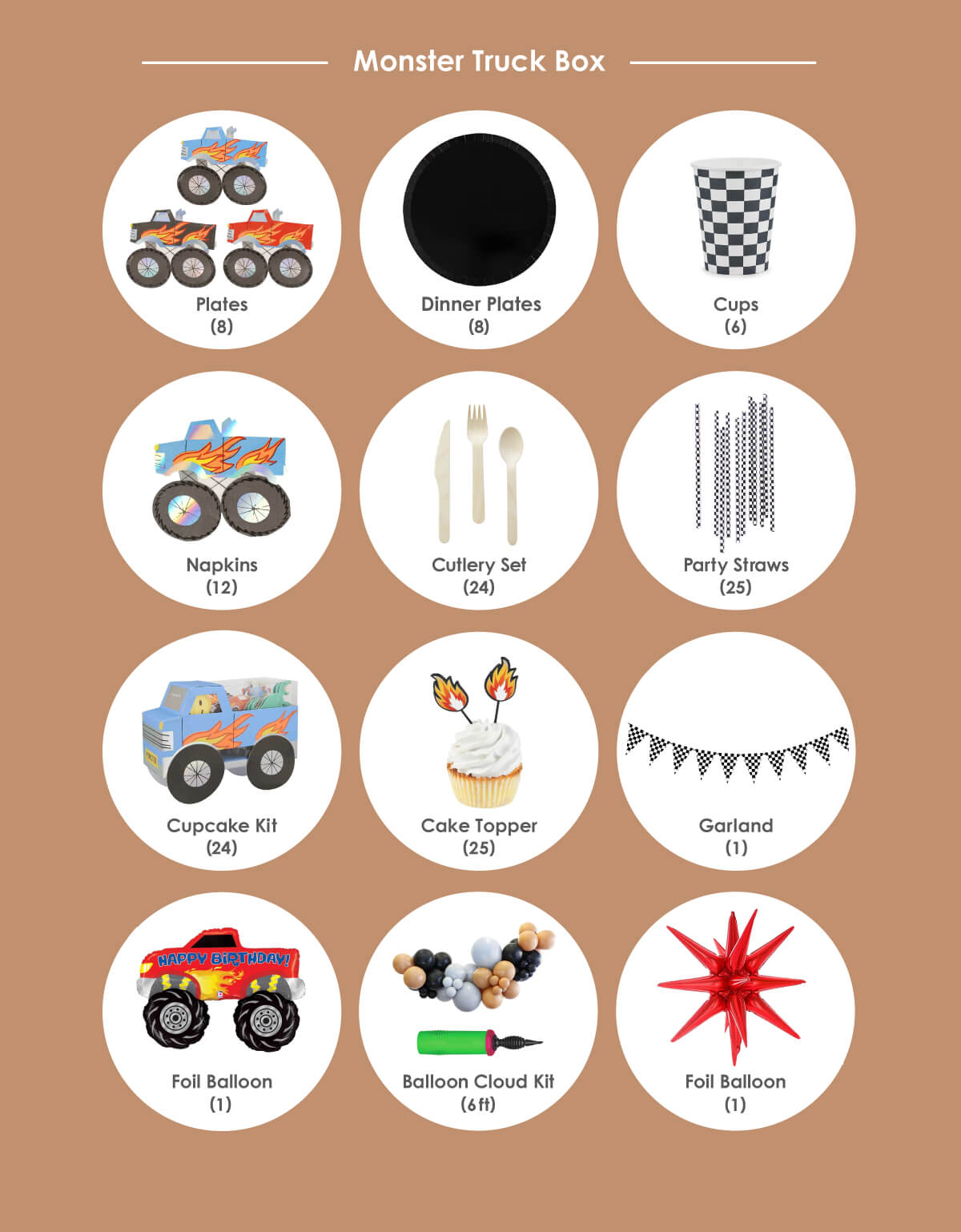 Momo Party's Monster Truck Themed Birthday Party Box is the ultimate all-in-one kit for kids’ celebration. This high-quality, modern party list includes Meri Meri Monster Truck Plates, Jollity & Co. Onyx Dessert Plates, Checkered Flag Party Cups, Meri Meri Monster Truck Napkins, Black Checker Party Straws, Meri Meri Monster Truck Cupcake Kit, Fire Shaped Cake Toppers, Checkered Flags Party Banner and themed Balloon Garland, Perfect for children’s birthday parties and monster truck-themed celebrations!