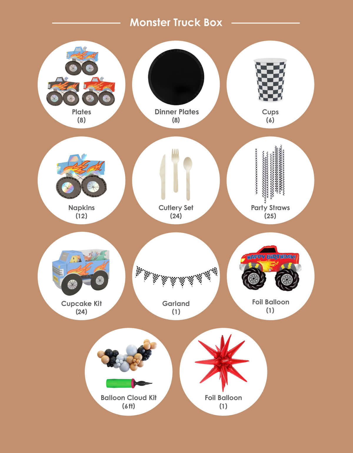 Momo Party's Monster Truck Themed Birthday Party Box is the ultimate all-in-one kit for kids’ celebration. This high-quality, modern party list includes Meri Meri Monster Truck Plates, Jollity & Co. Onyx Dessert Plates, Checkered Flag Party Cups, Meri Meri Monster Truck Napkins, Black Checker Party Straws, Meri Meri Monster Truck Cupcake Kit, Fire Shaped Cake Toppers, Checkered Flags Party Banner and themed Balloon Garland, Perfect for children’s birthday parties and monster truck-themed celebrations!